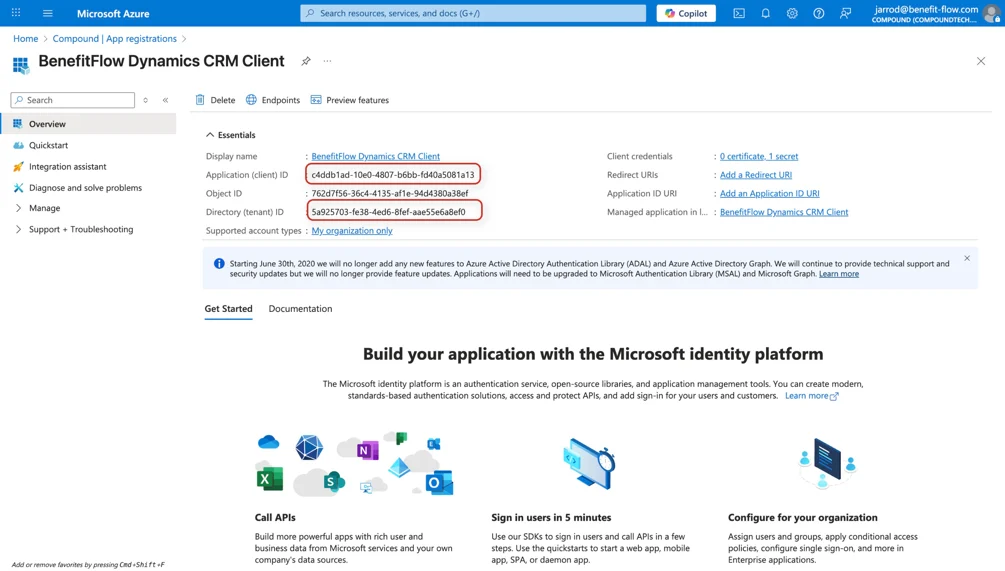 Identify and save your Application ID, Directory ID, newly created Client Secret, and Dynamics Environment URL