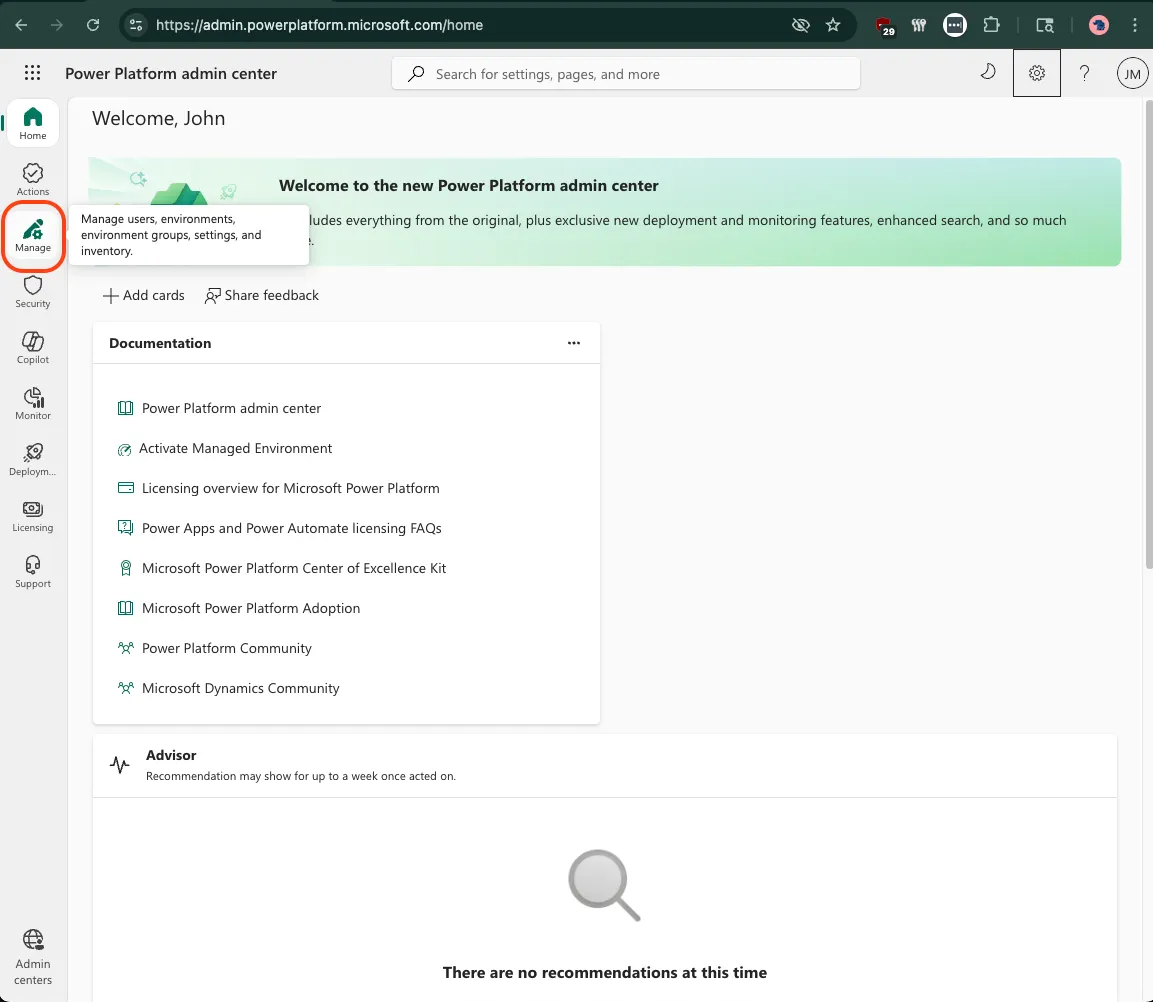 Navigate to the Power Platform Admin Center