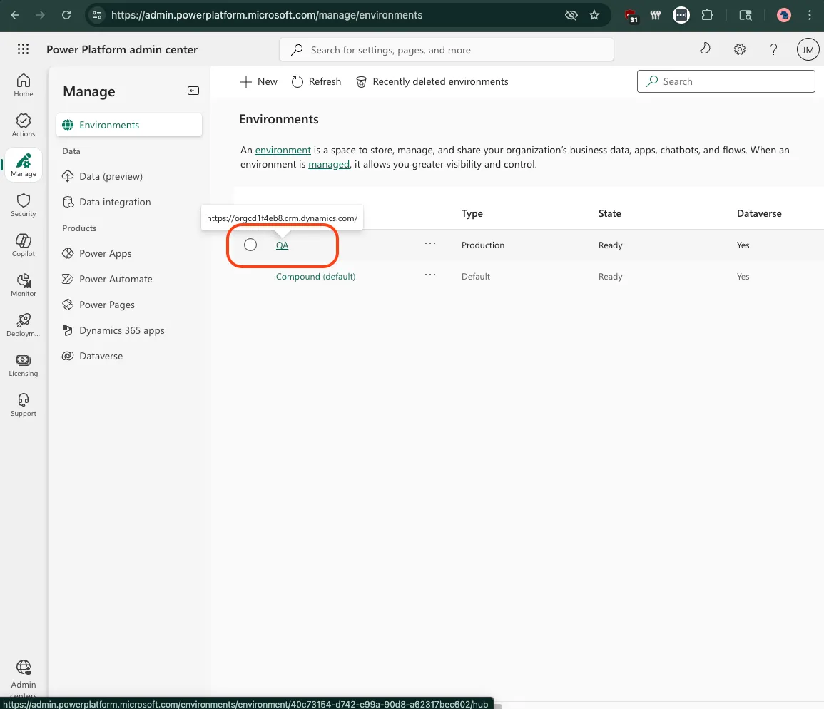 Navigate to the Power Platform Environments page