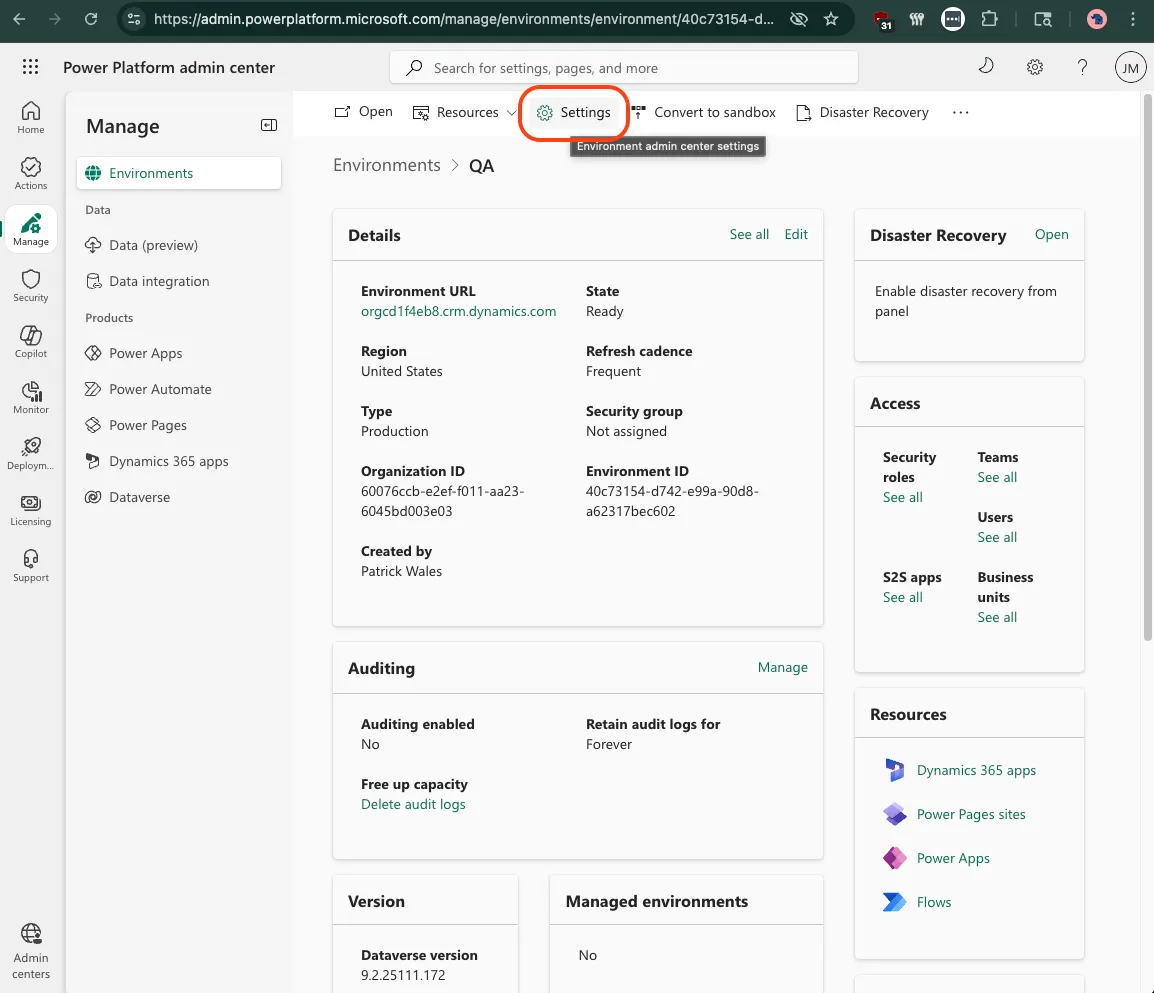 Navigate to the Power Platform Environments page
