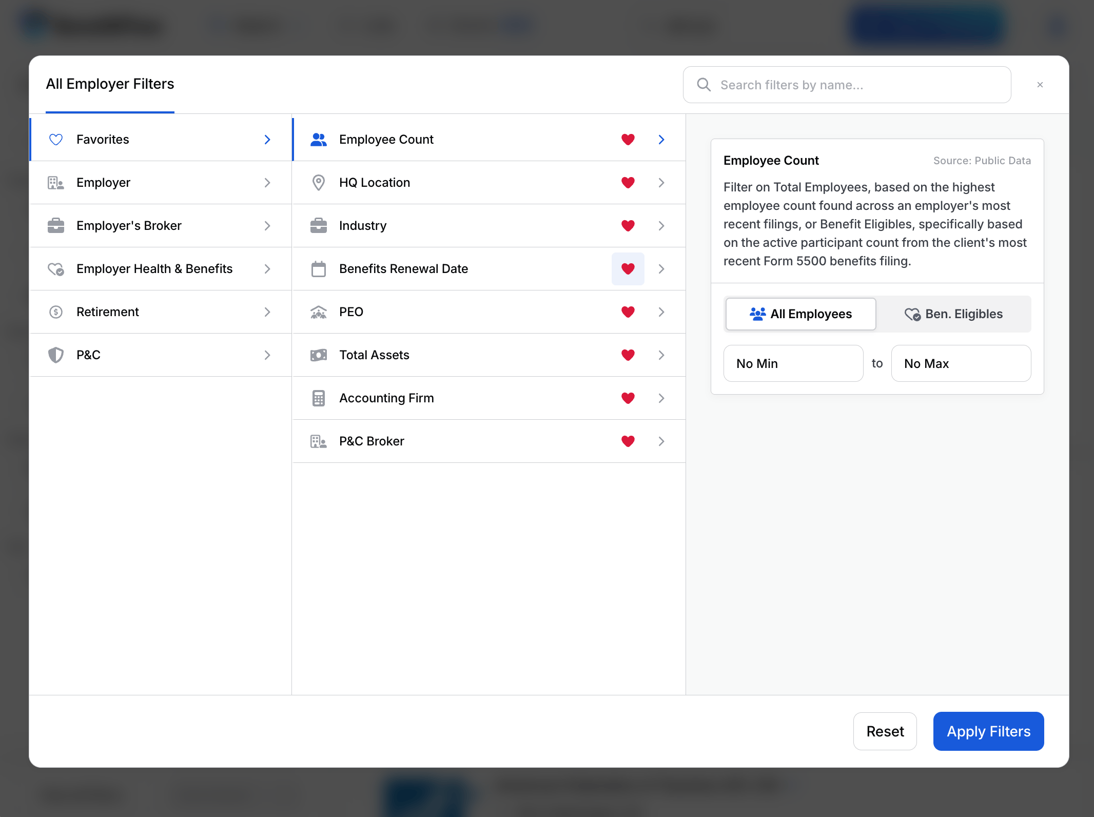 The All Filters window, grouped by category, with a heart icon next to each filter to favorite it
