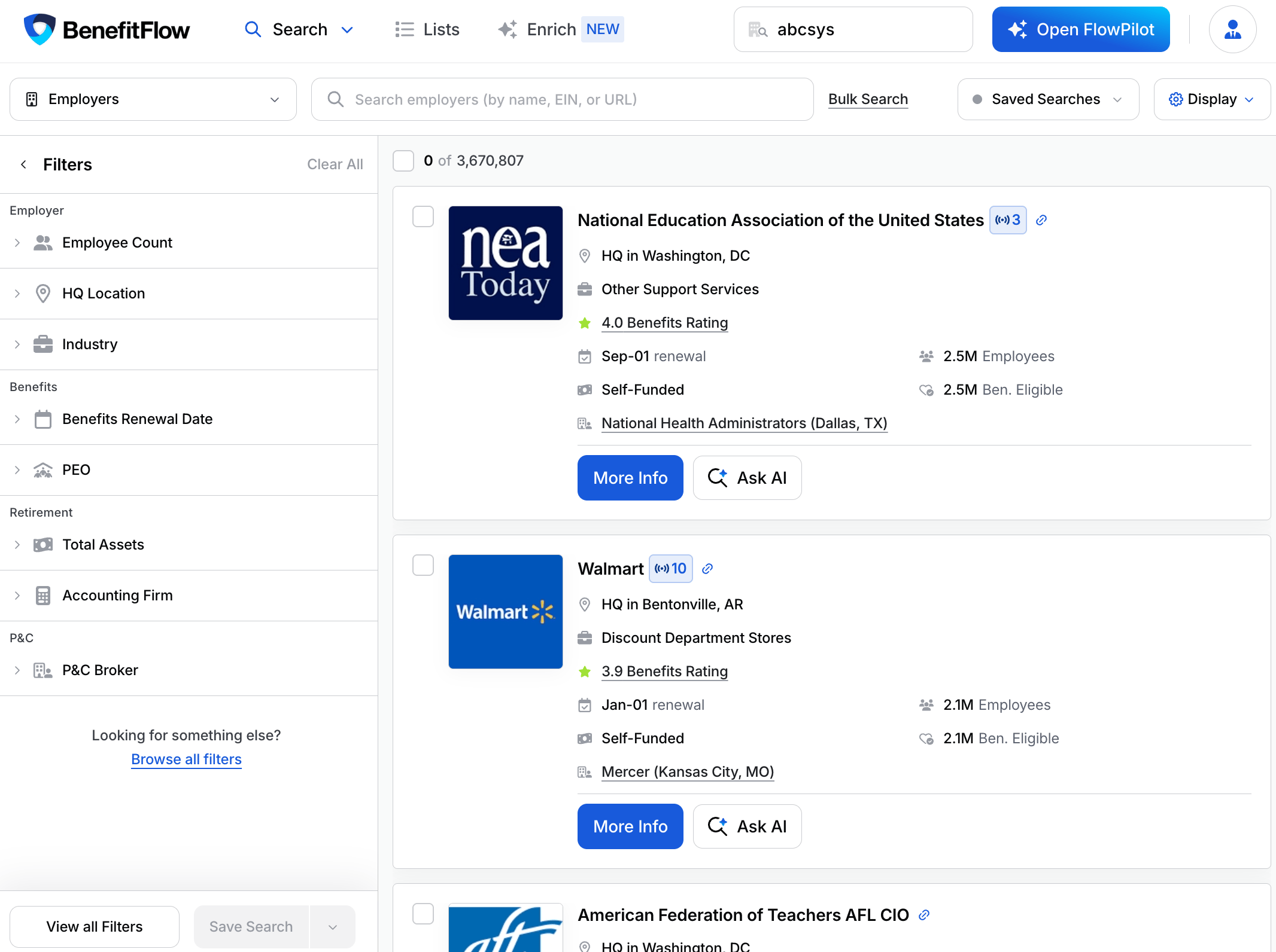 Search results with the streamlined filter panel showing favorited filters up front