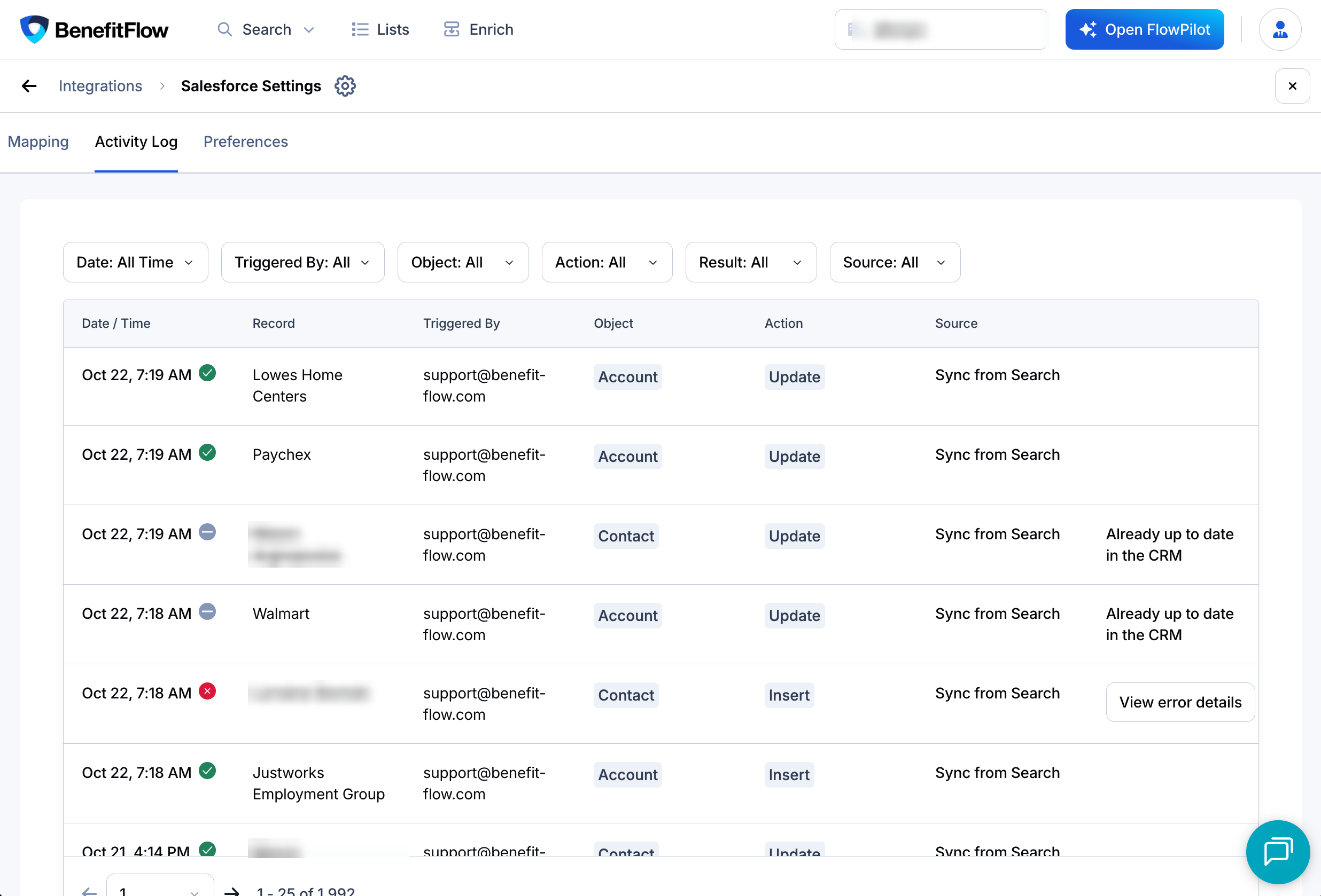 Activity Log in Integration Settings with Source showing Sync from Search
