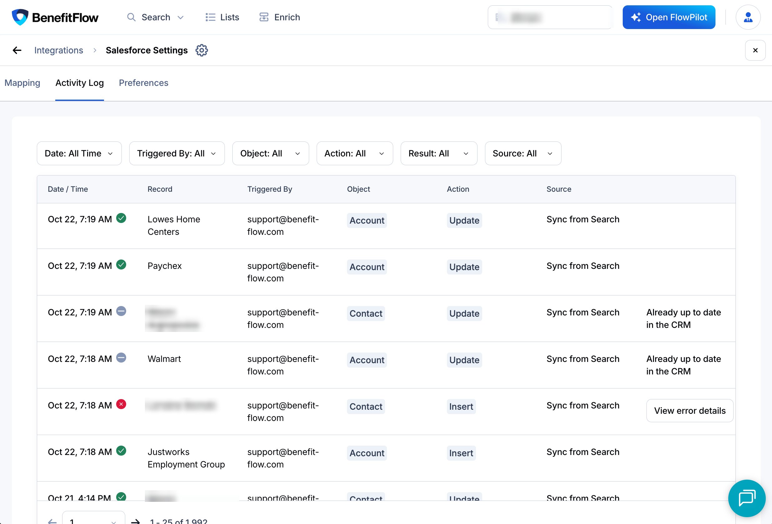 Activity Log in Integration Settings with Source showing Sync from Search