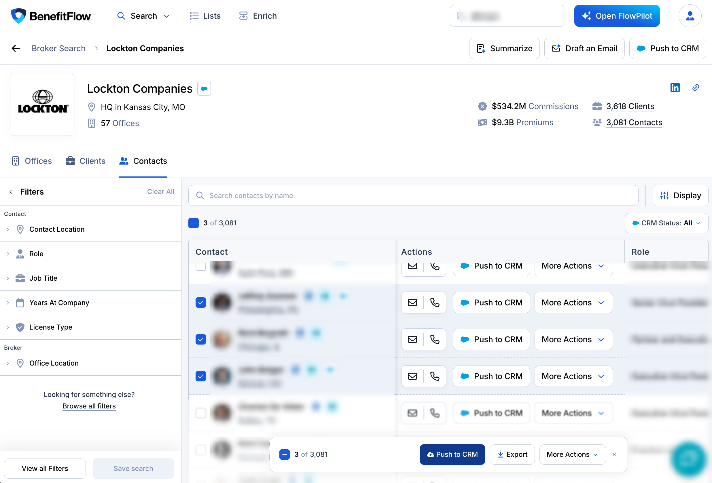 Three contacts selected, with Push to CRM in the bar at the bottom of the page