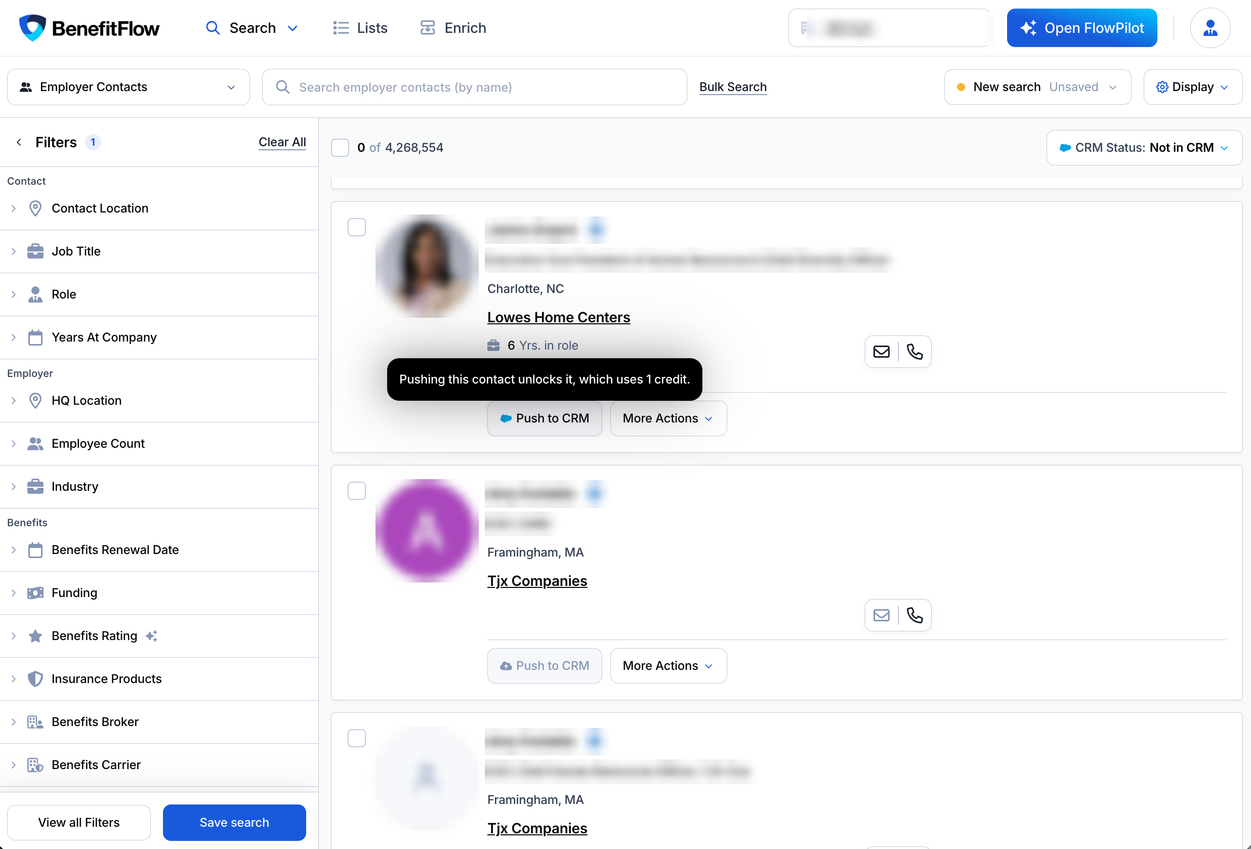 Hovering Push to CRM on a locked contact shows: Pushing this contact unlocks it, which uses 1 credit