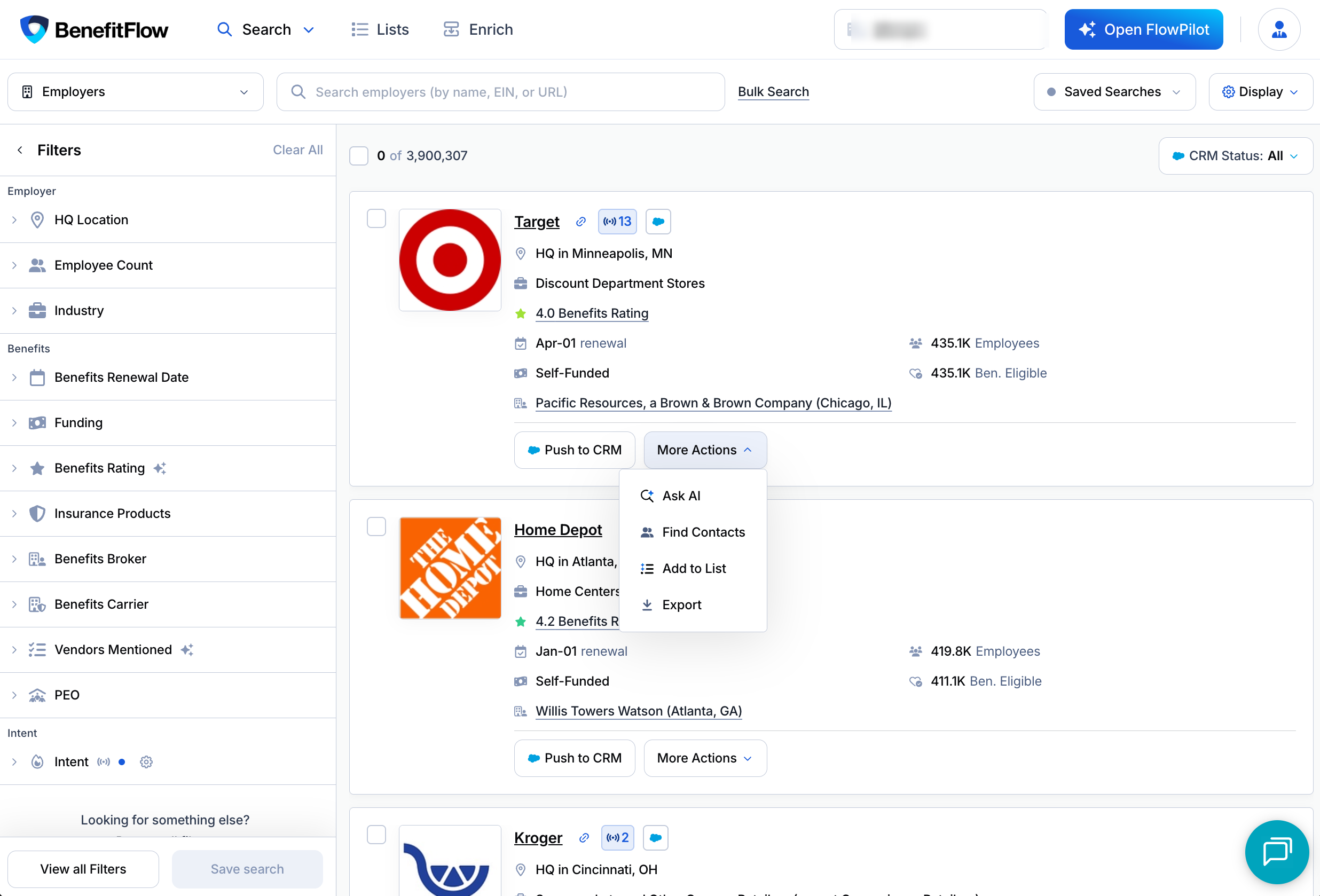 More Actions menu open, showing Ask AI, Find Contacts, Add to List, and Export