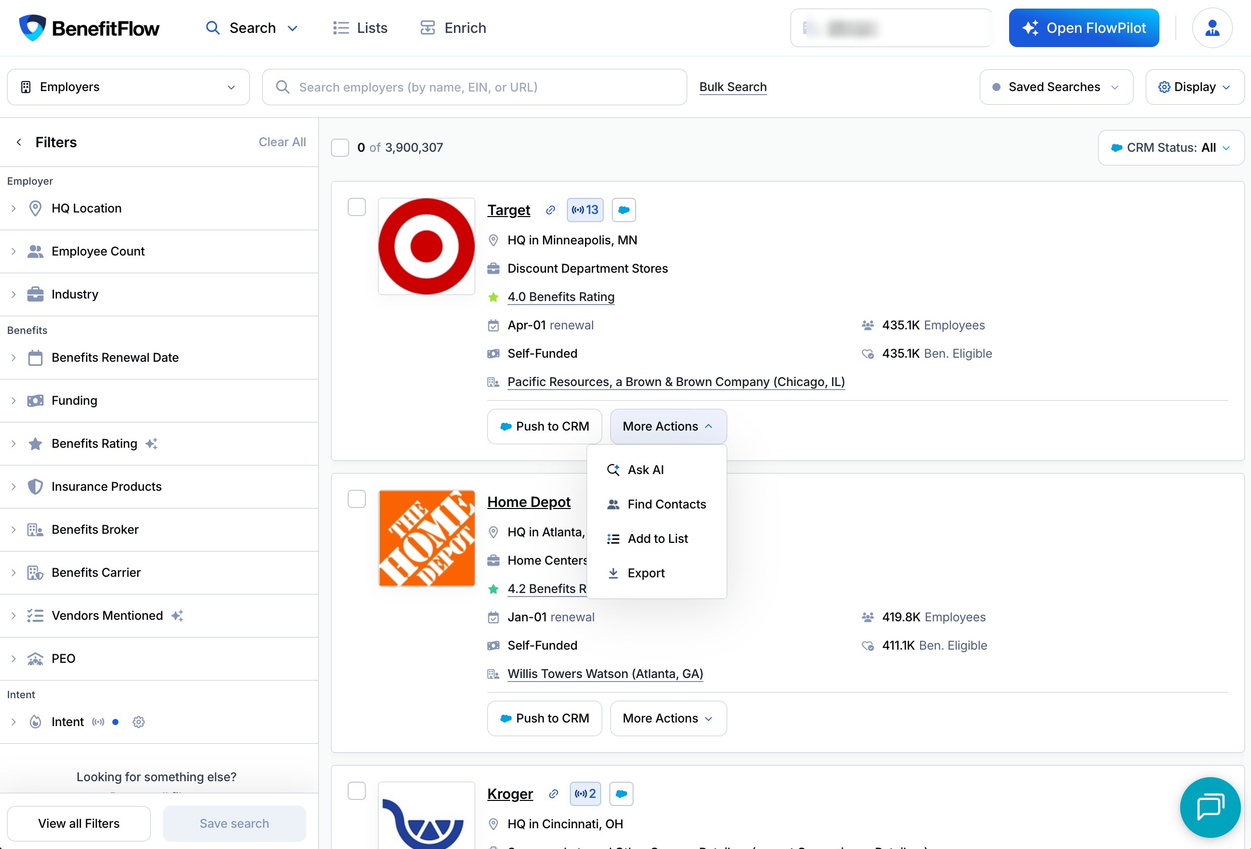 More Actions menu open, showing Ask AI, Find Contacts, Add to List, and Export