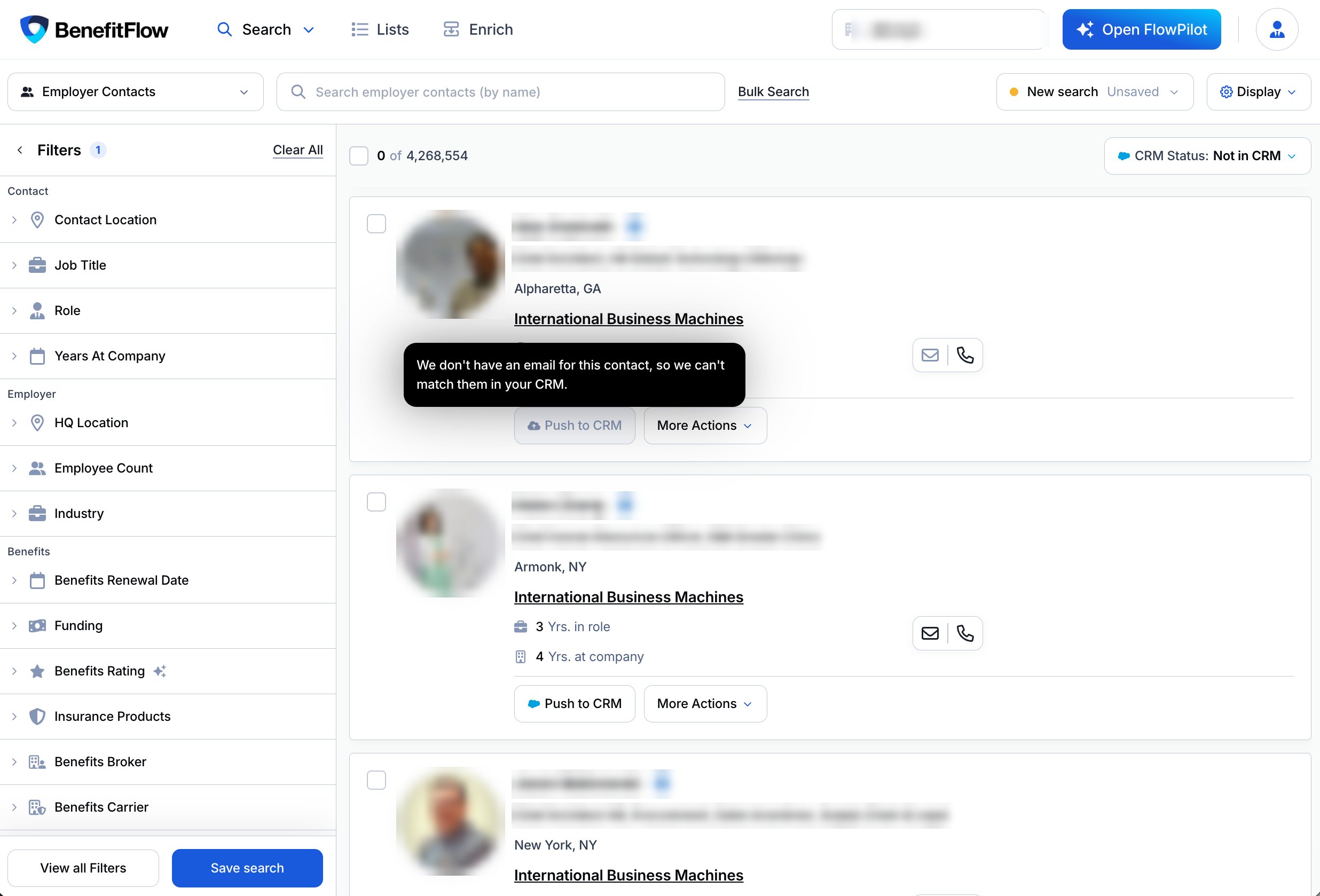 Grayed-out Push to CRM with the hover message: We don't have an email for this contact, so we can't match them in your CRM