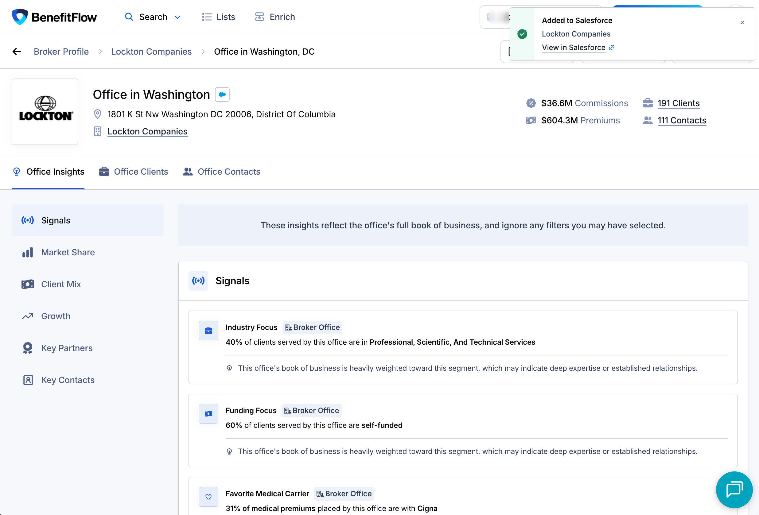 Broker office profile after a push, with the Salesforce icon next to the office name and an Added to Salesforce message