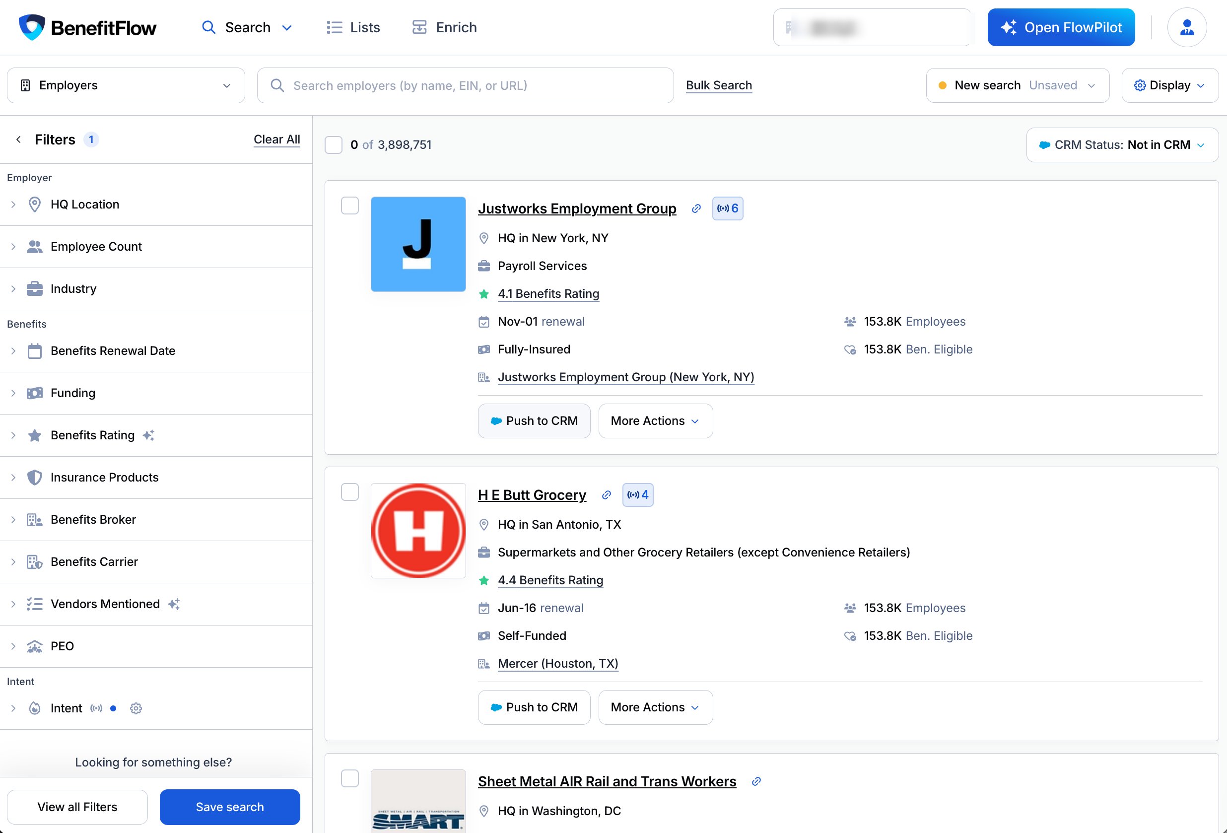Employer search result showing the Push to CRM and More Actions buttons