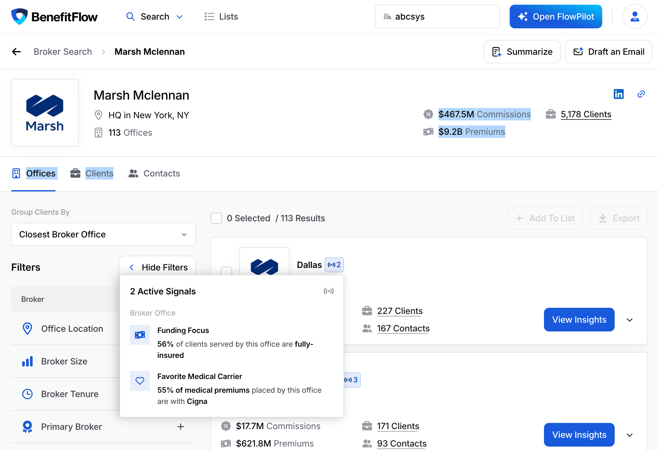 A broker office listing with a signal badge hovered, previewing Funding Focus and Favorite Medical Carrier signals