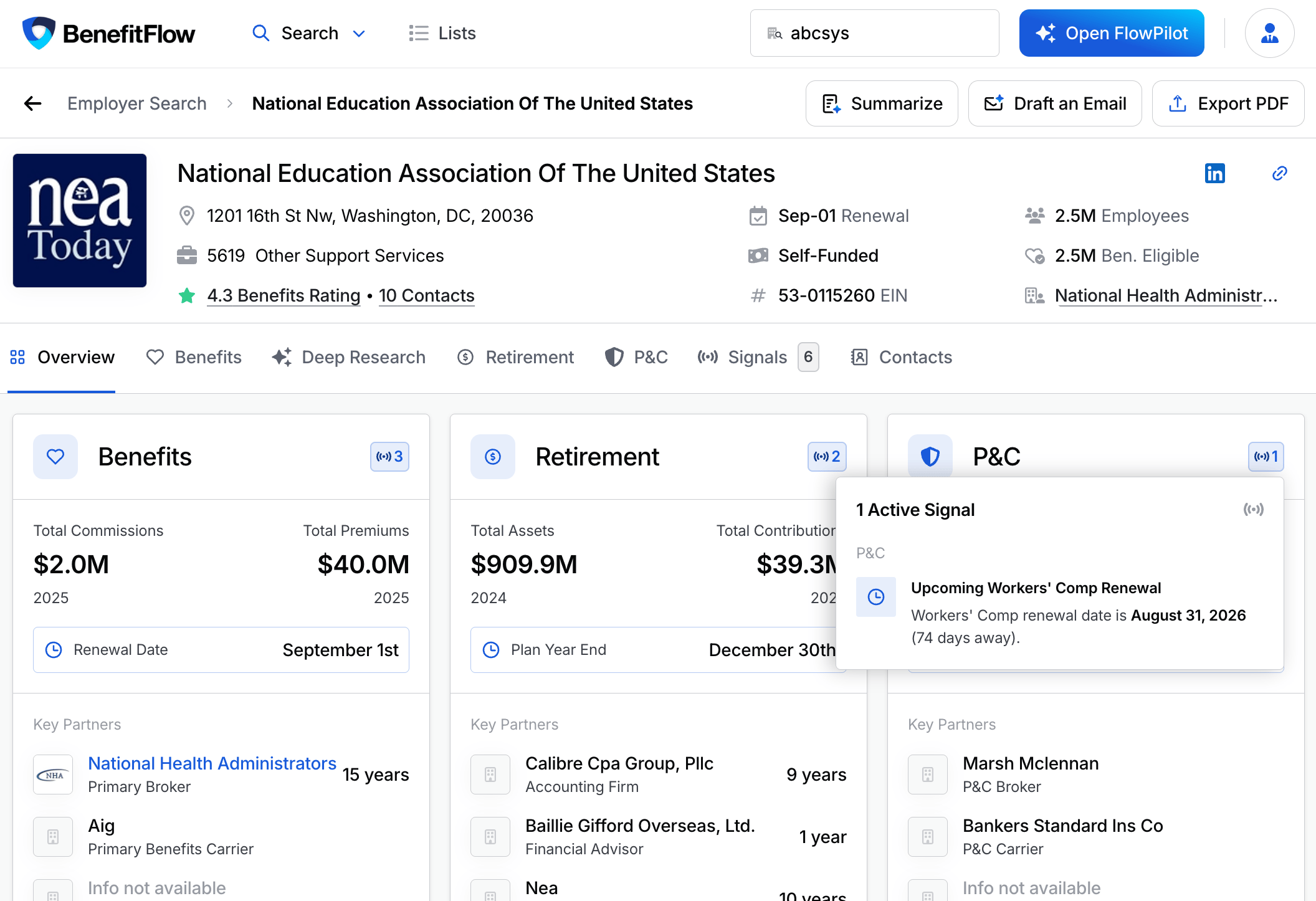 The employer Overview page with a domain card showing an active signal count and hover preview