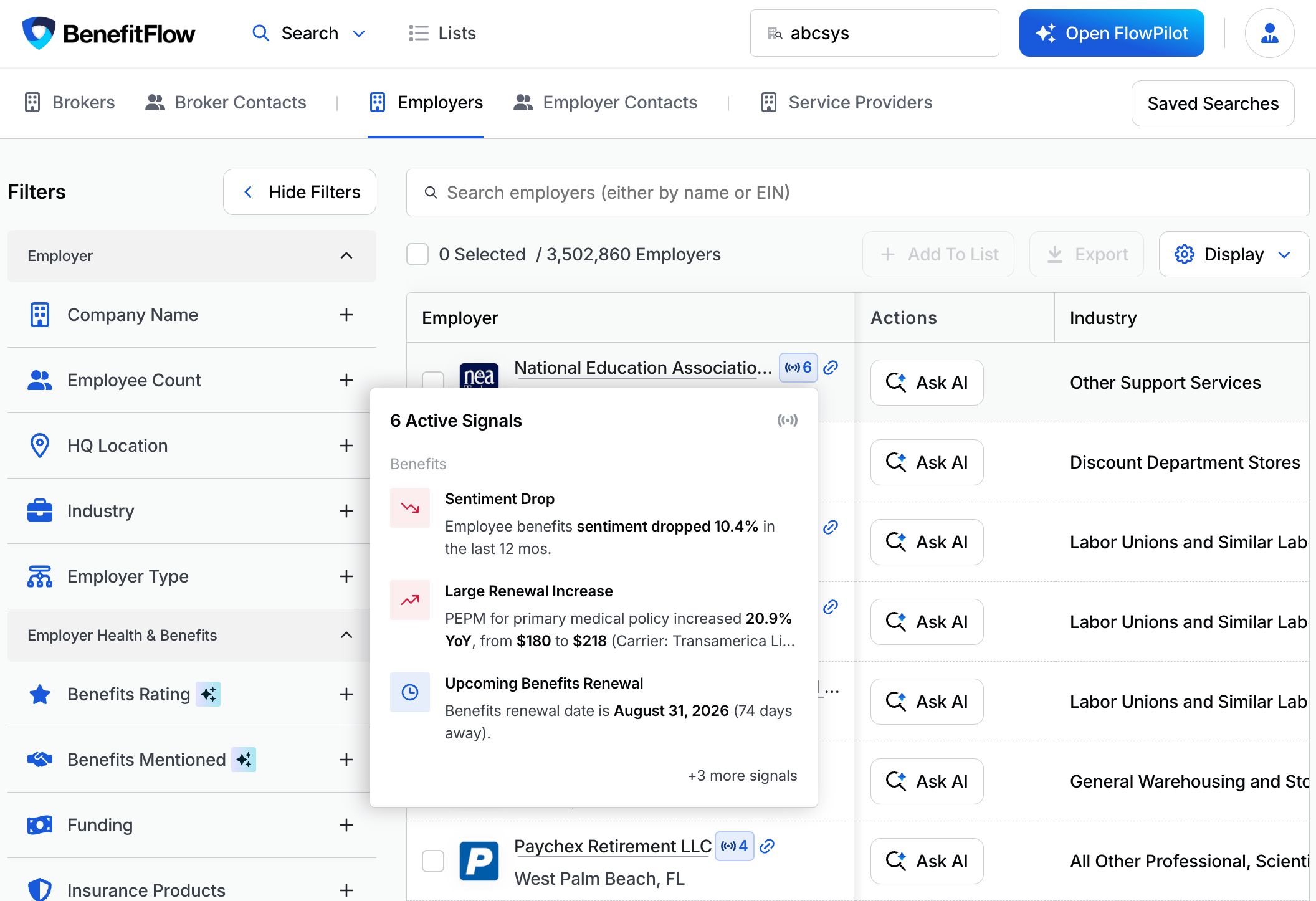 Employer search results with a signal badge hovered, showing a preview of active signals