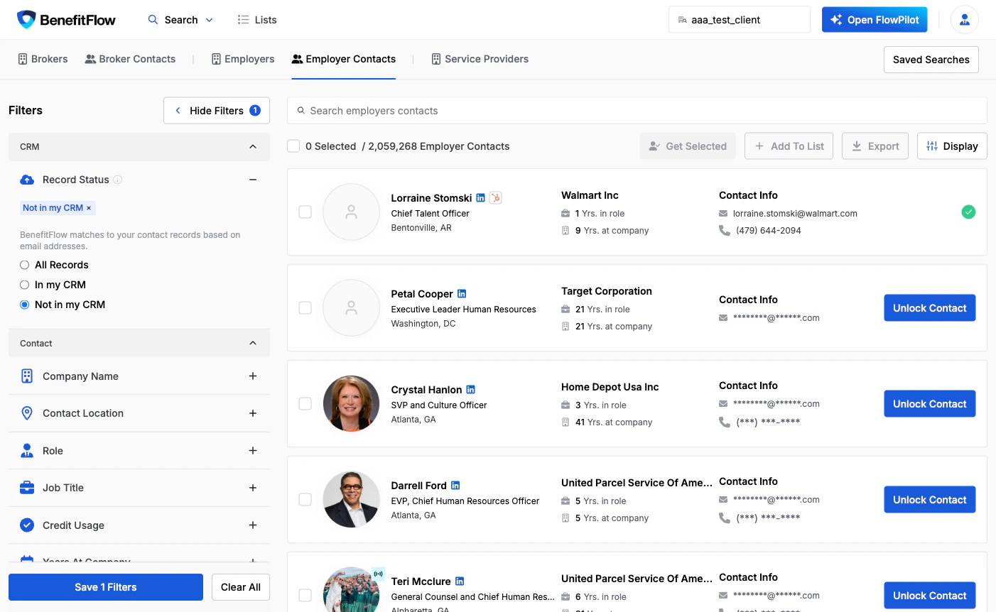 Filter panel with Not in CRM selected, showing contacts not yet in your CRM
