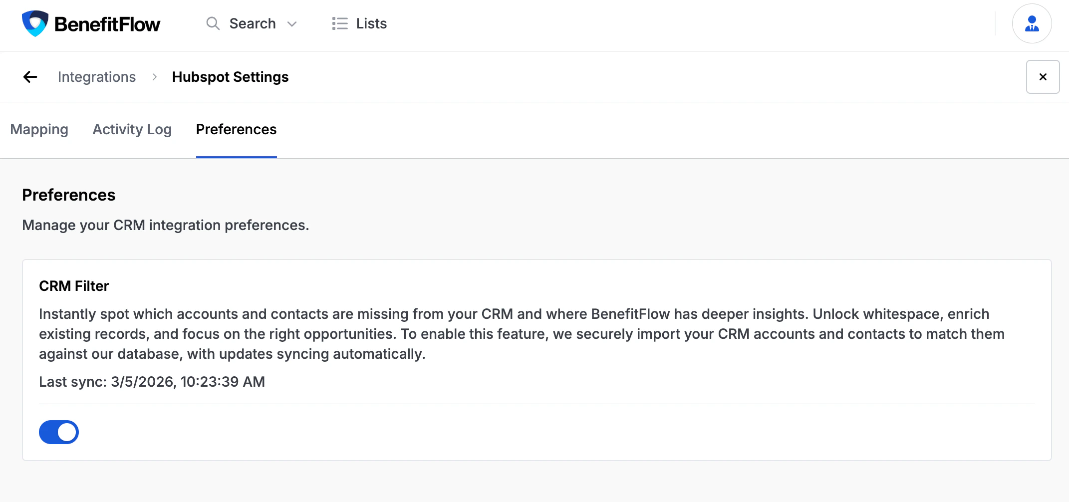 Settings page showing CRM Filter toggle under Integrations preferences