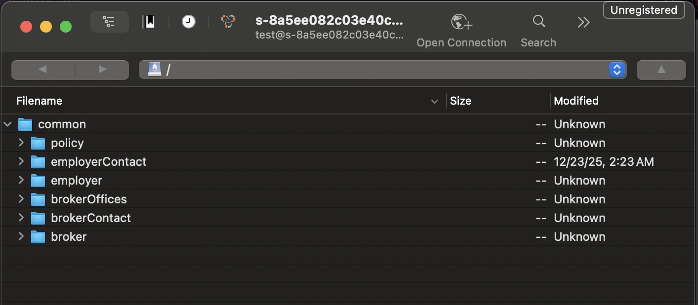 SFTP file browser showing available data folders