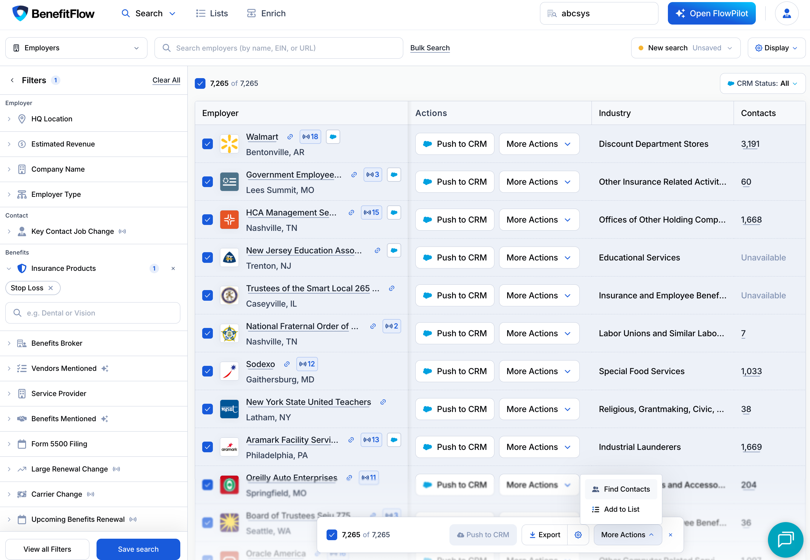 Employer search with all results selected and the More Actions menu showing Find Contacts and Add to List