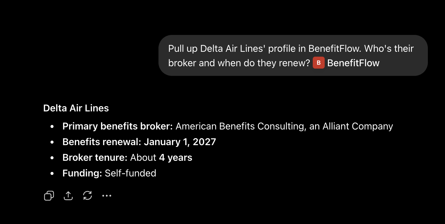 ChatGPT answering a BenefitFlow question about Delta Air Lines' broker and renewal date