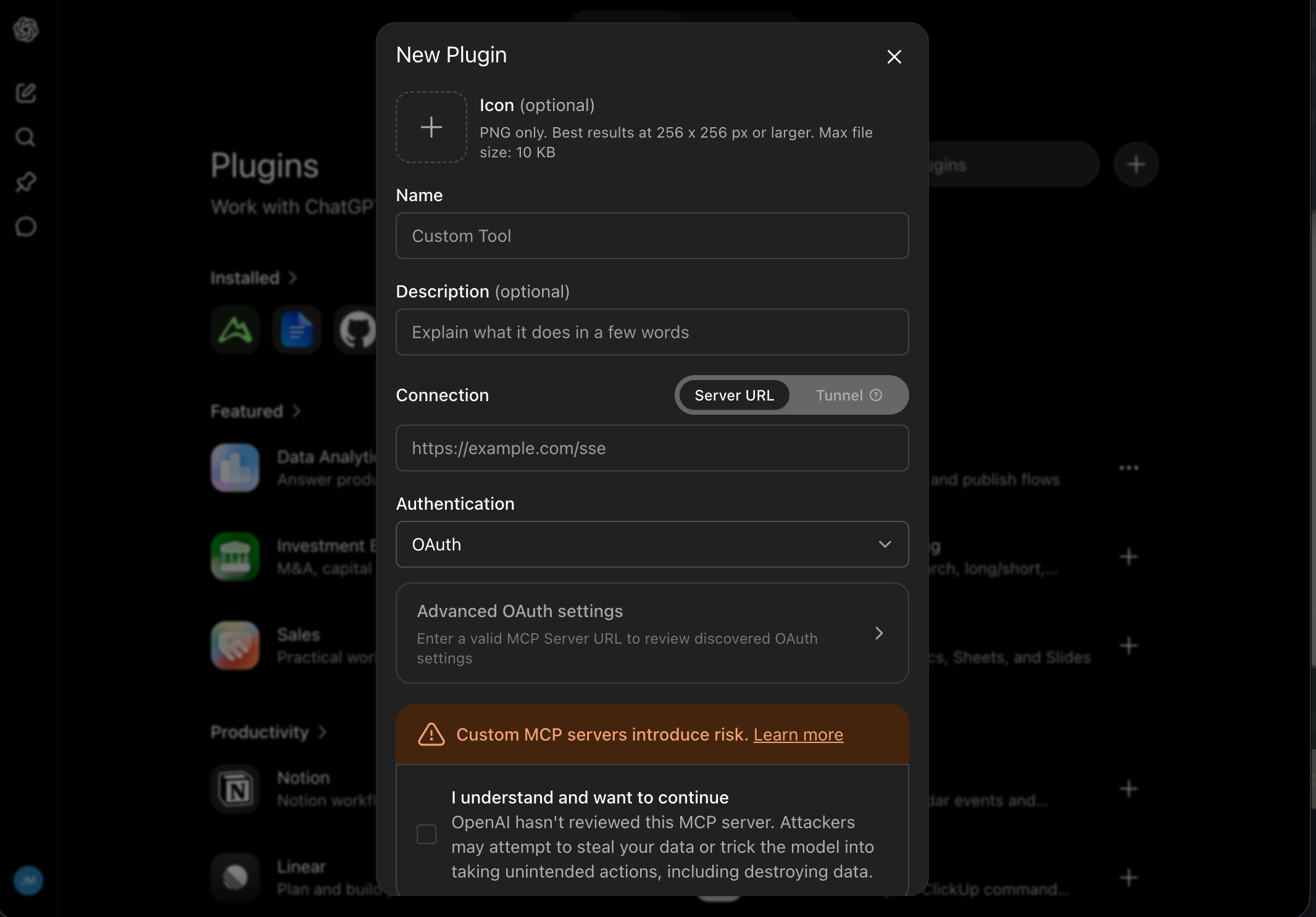 ChatGPT New Plugin form with name, server URL, and OAuth authentication fields