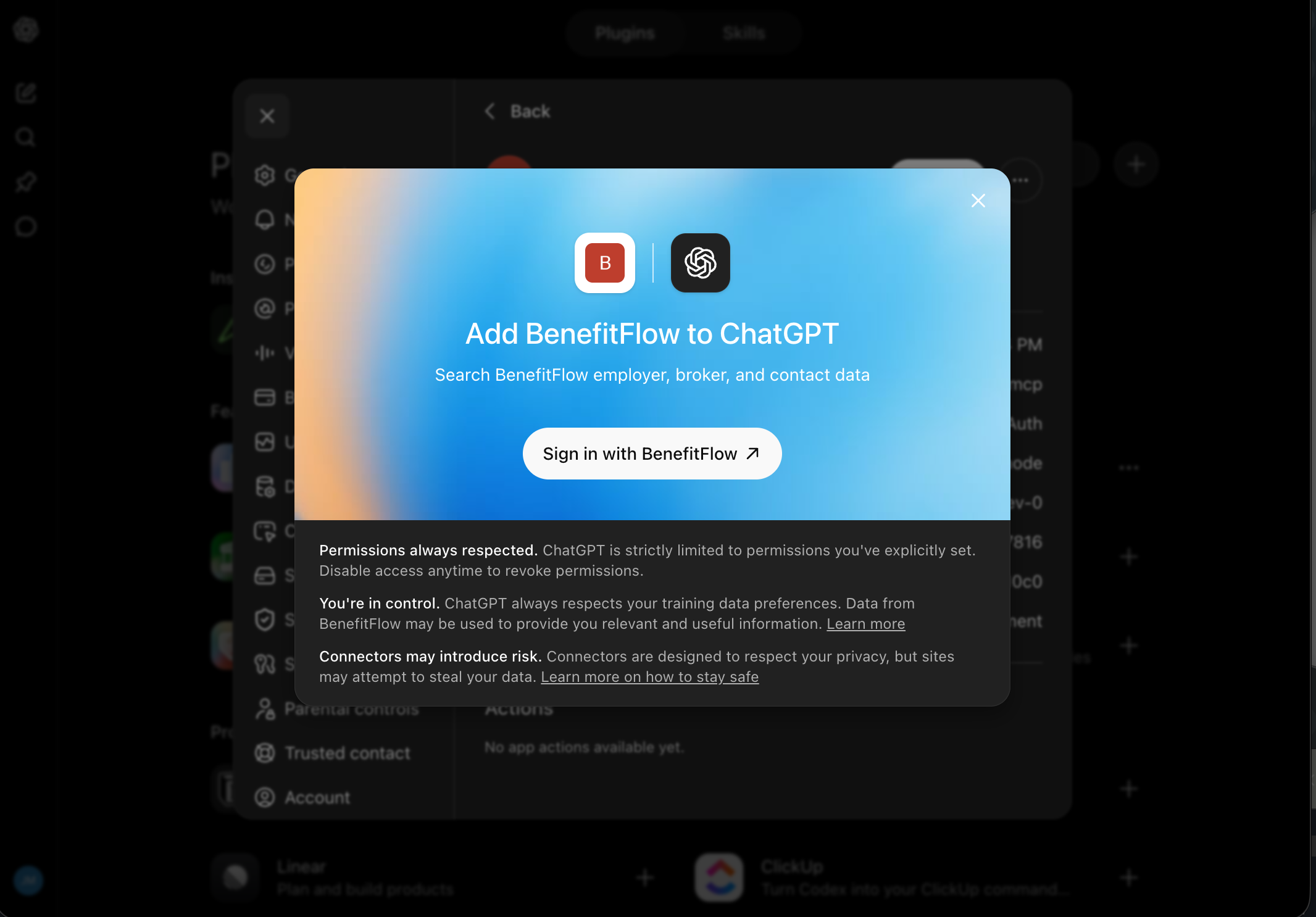 Add BenefitFlow to ChatGPT dialog with Sign in with BenefitFlow button
