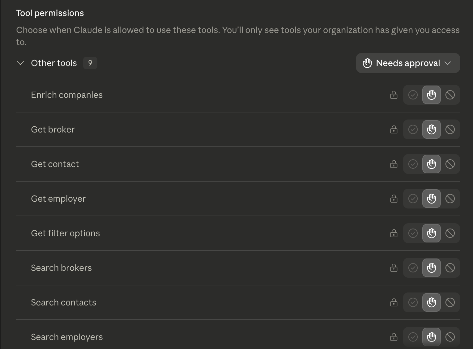 Claude tool permissions panel listing BenefitFlow tools with approval settings