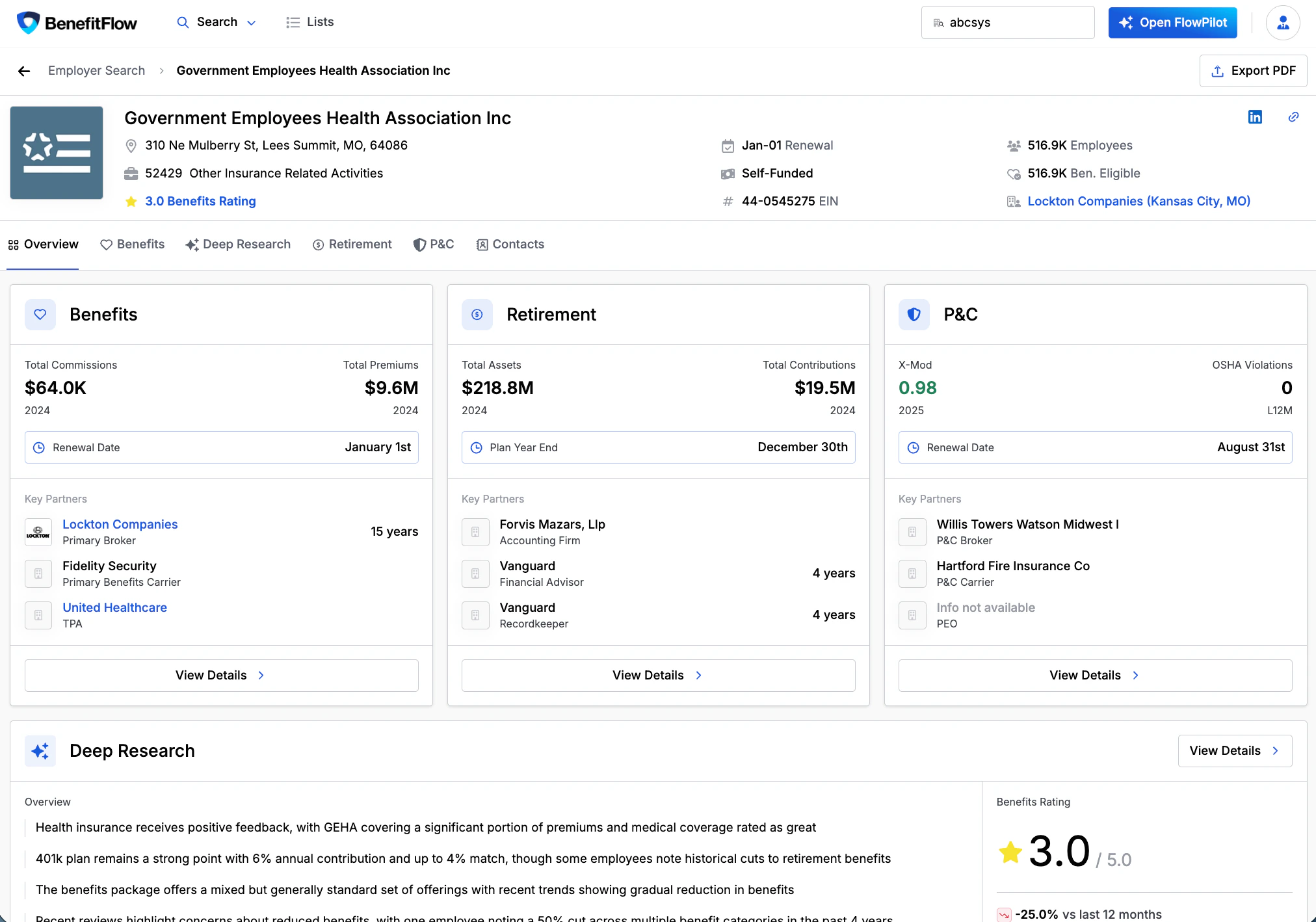 Employer profile showing overview, benefits, retirement, P&C tabs and deep research