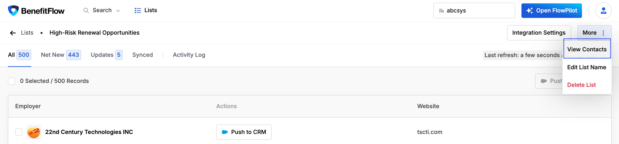 Employer list showing More menu with View Contacts option