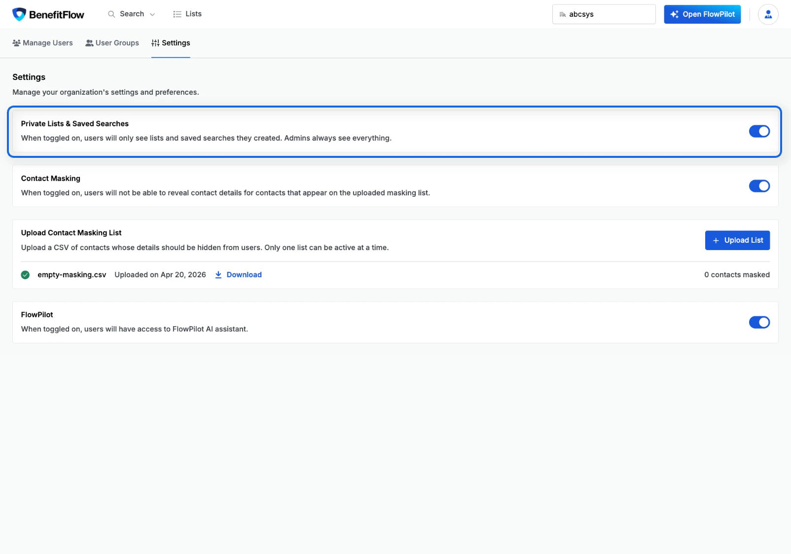 Admin Settings showing Private Lists & Saved Searches toggle