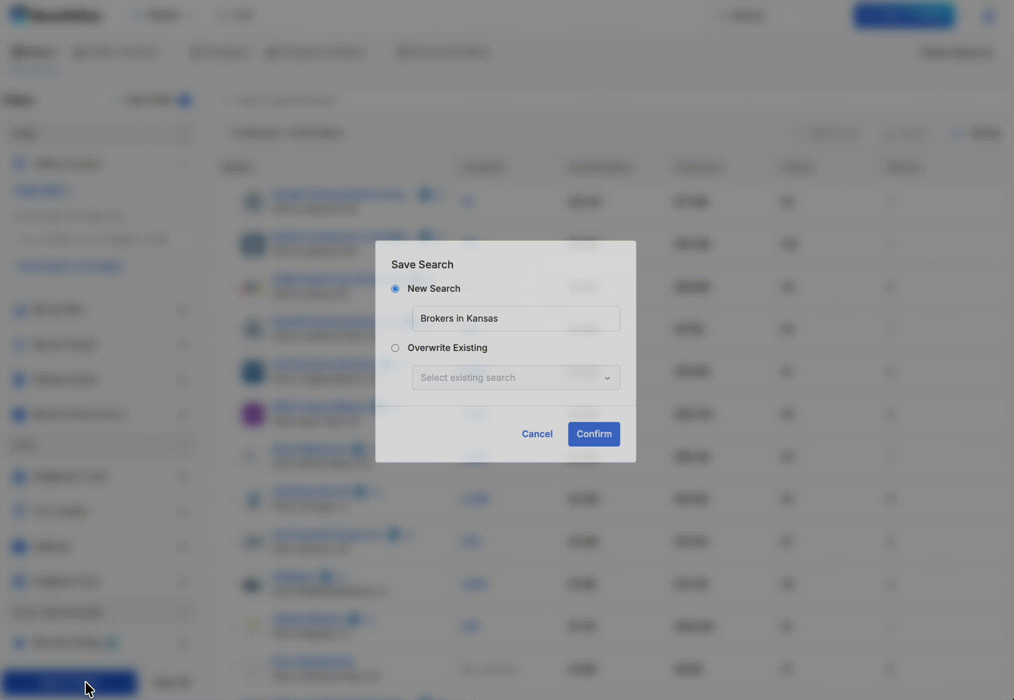 Save Search dialog showing New Search and Overwrite Existing options