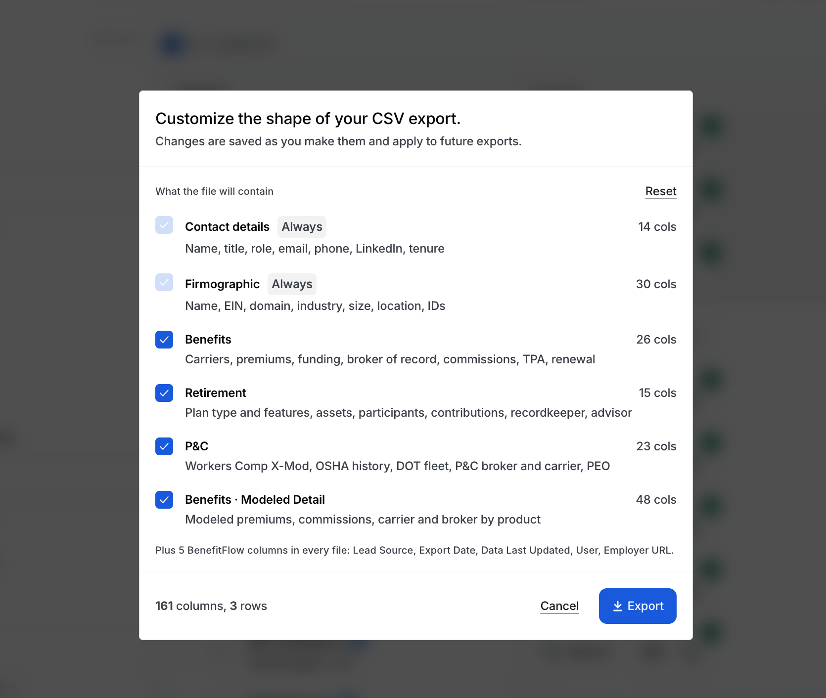 Choosing which column groups to include in a CSV export