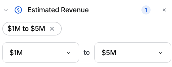 The Estimated Revenue filter set to $1M to $5M