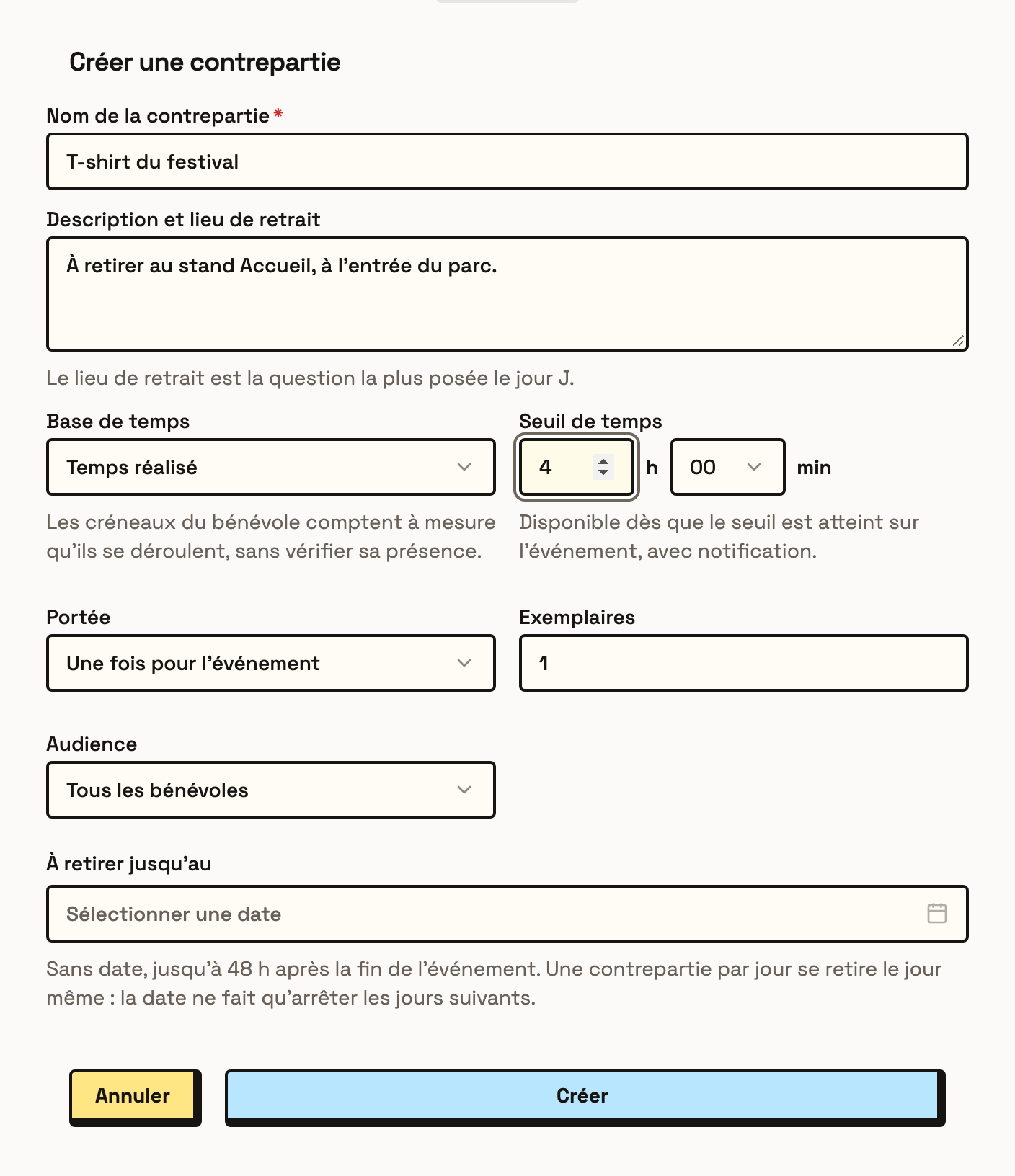 The Create a perk form, filled in for a t-shirt at 4 h of worked time