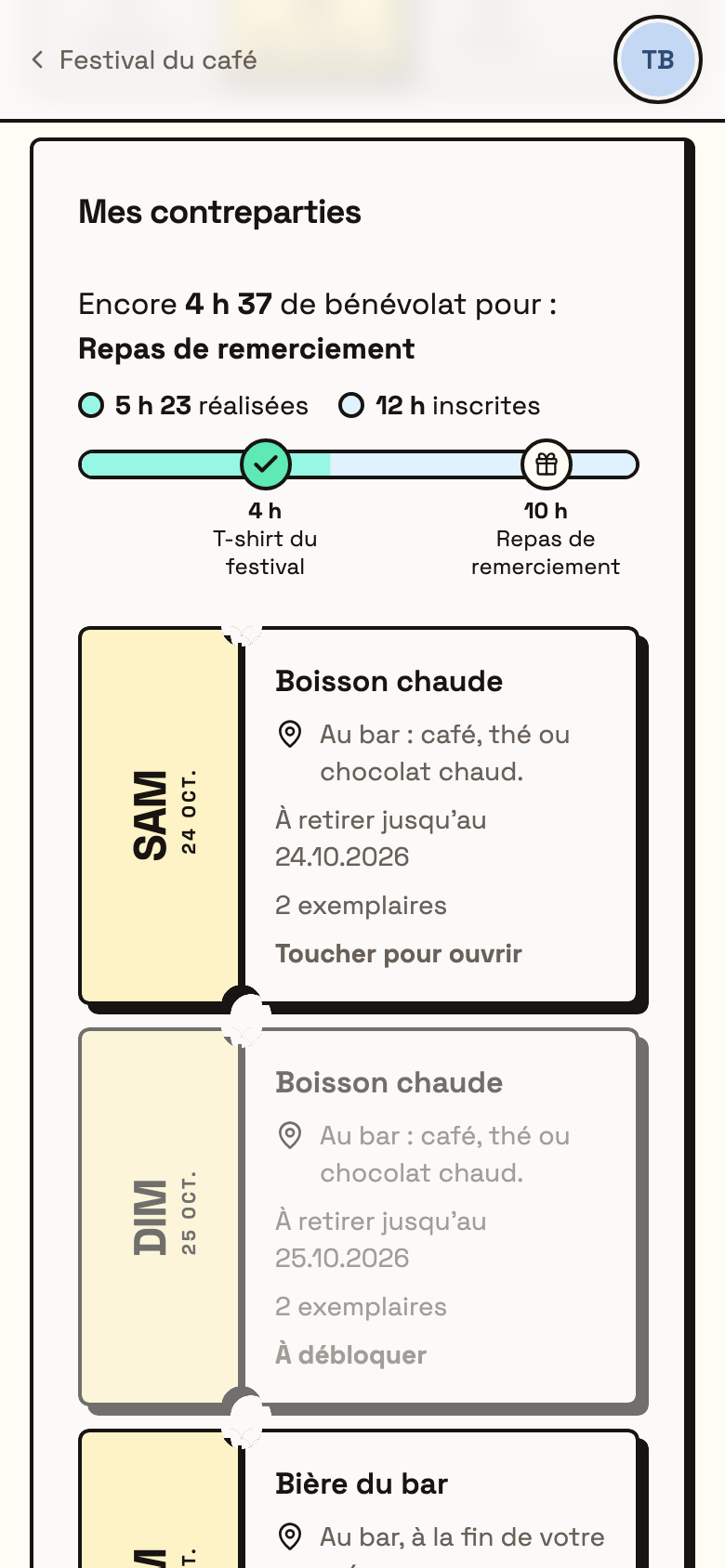 Mes contreparties : la barre de progression et les coupons