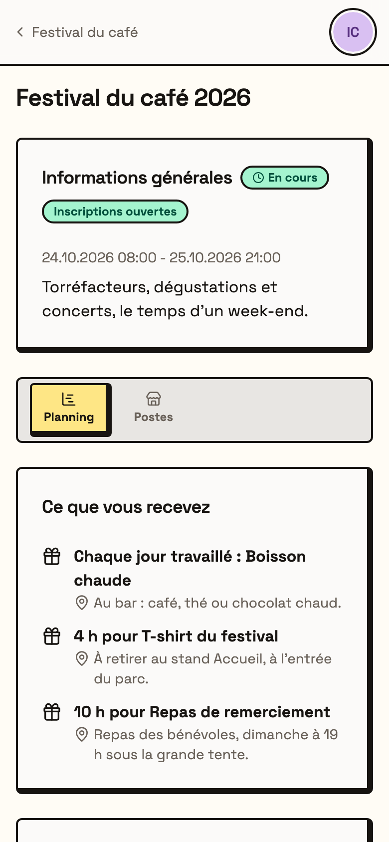 L'onglet Planning, avec la liste Ce que vous recevez