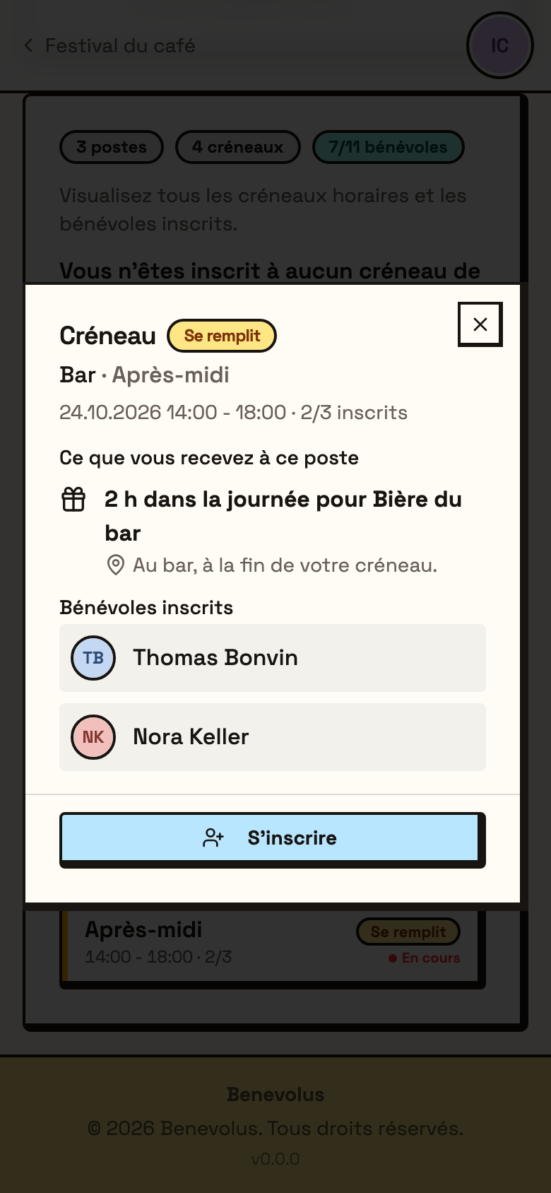 Un créneau du Bar, avec Ce que vous recevez à ce poste
