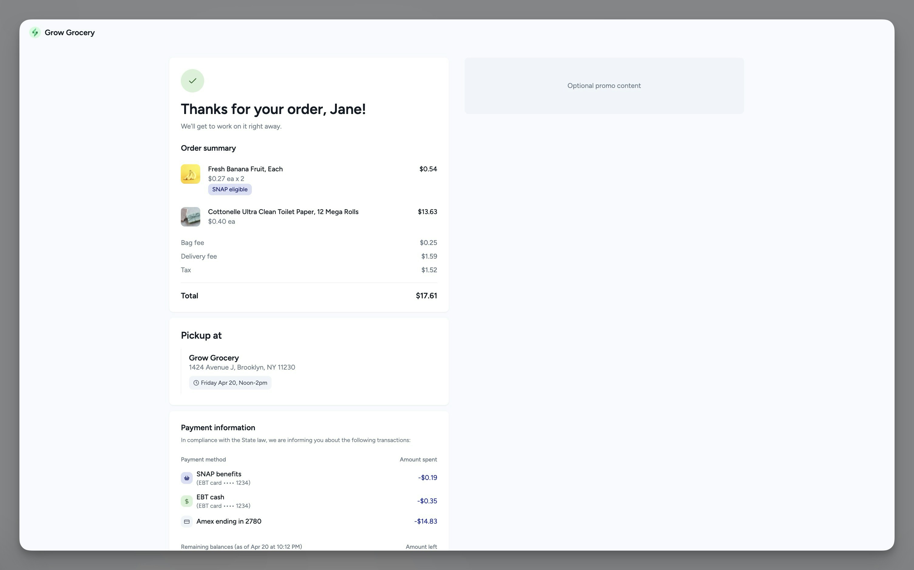 The compliant order confirmation in the Benny checkout experience