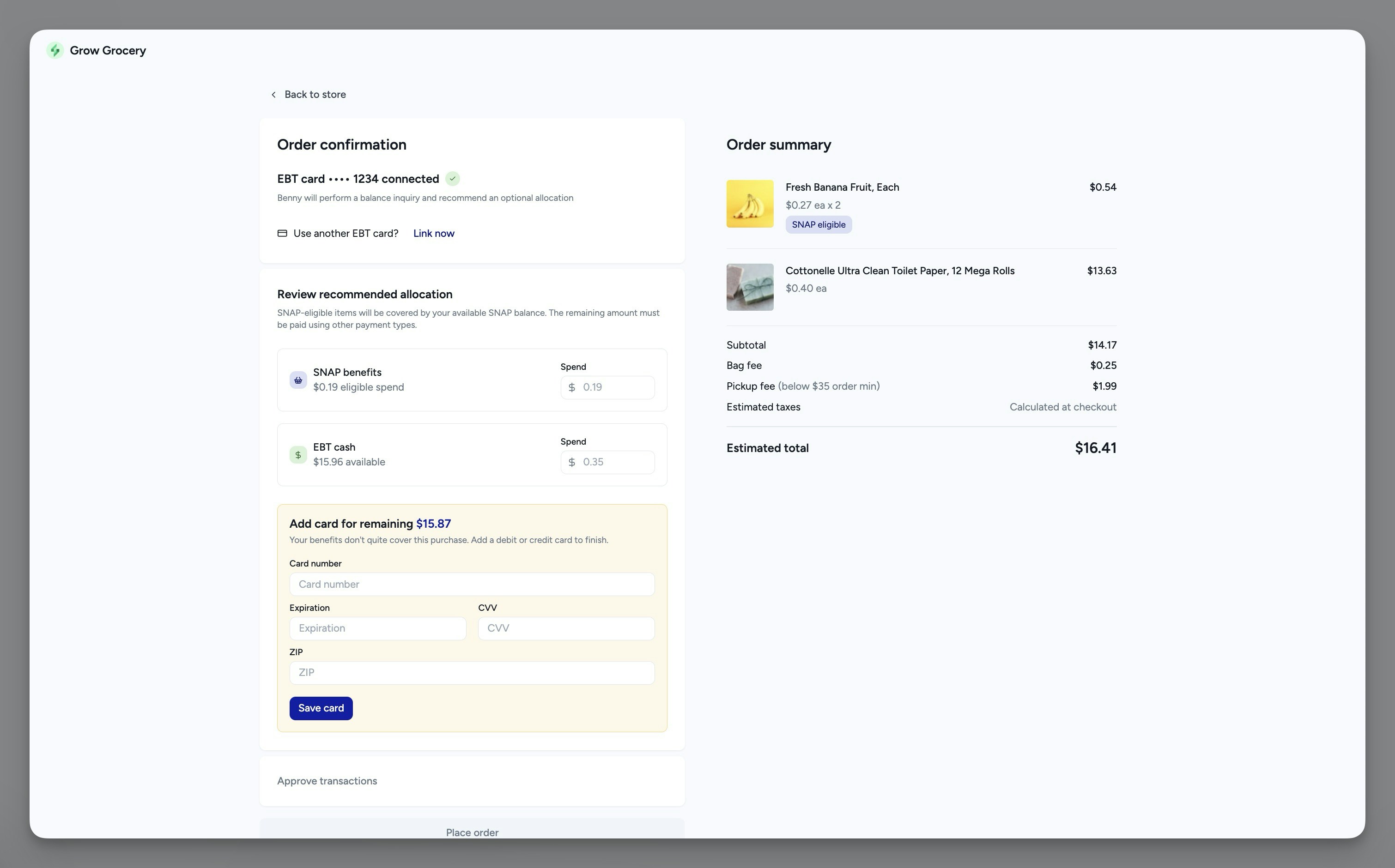 Adding a payment method in the Benny checkout experience