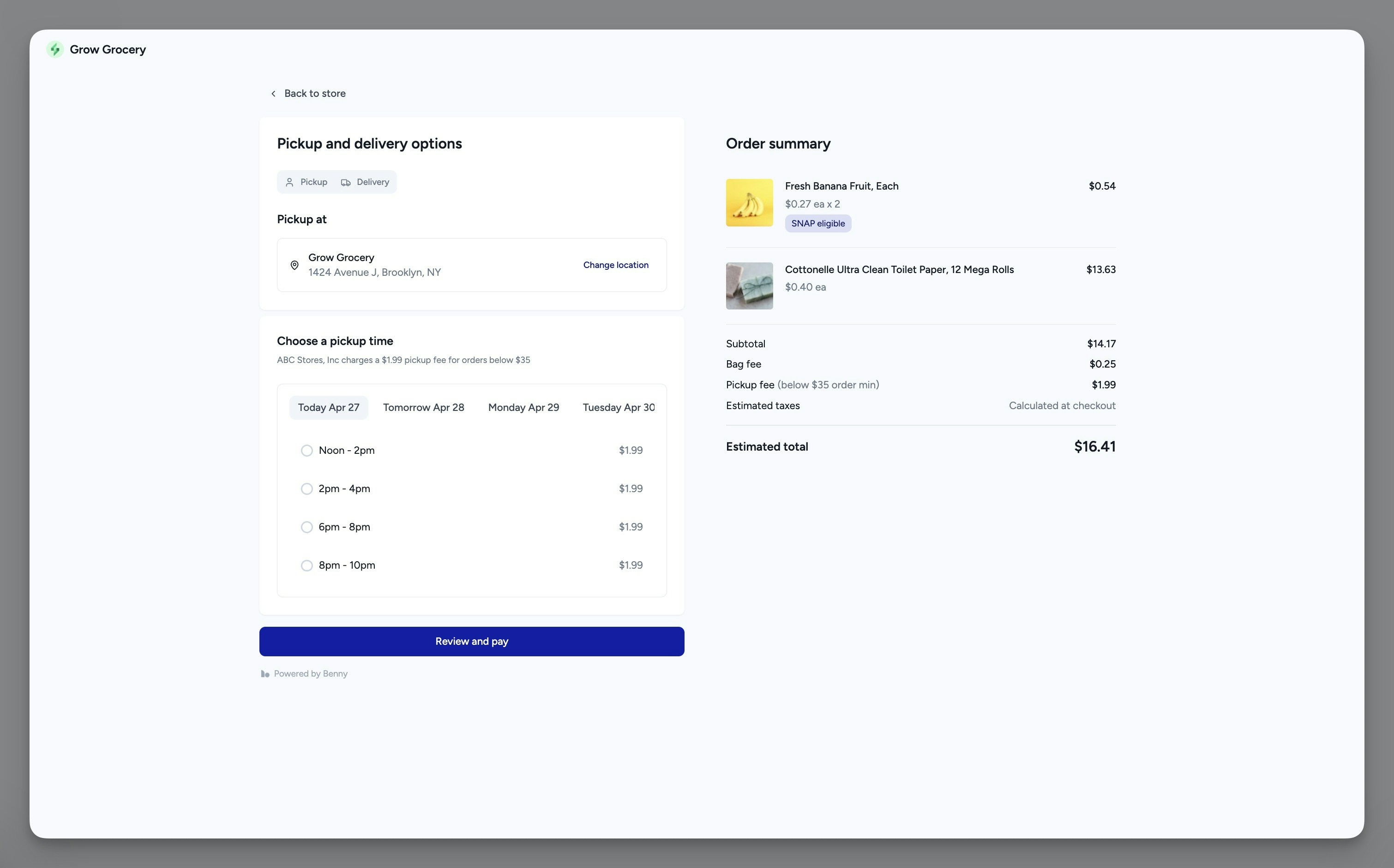Selecting pickup times in the Benny checkout experience