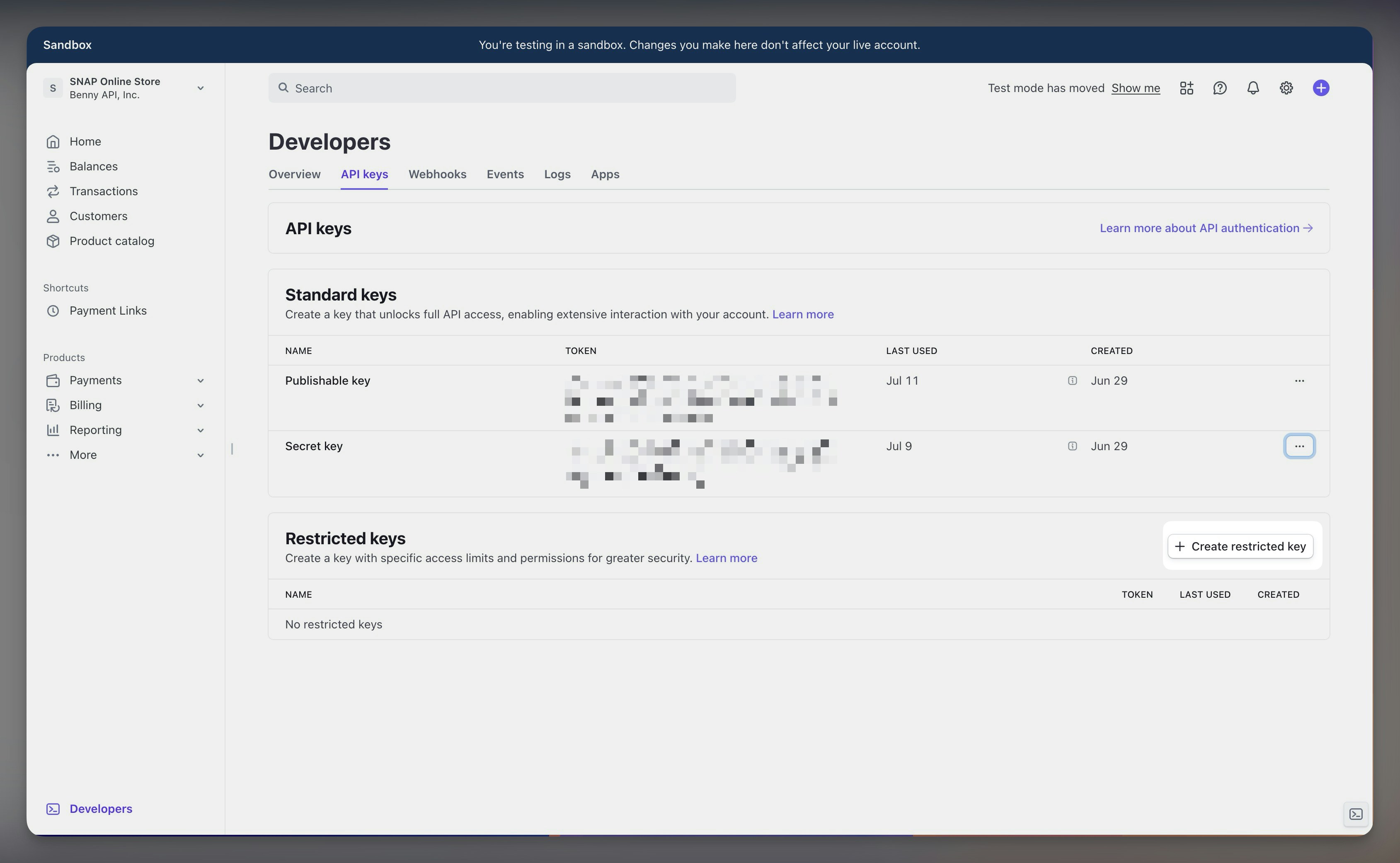 Creating a new Stripe Restricted Key