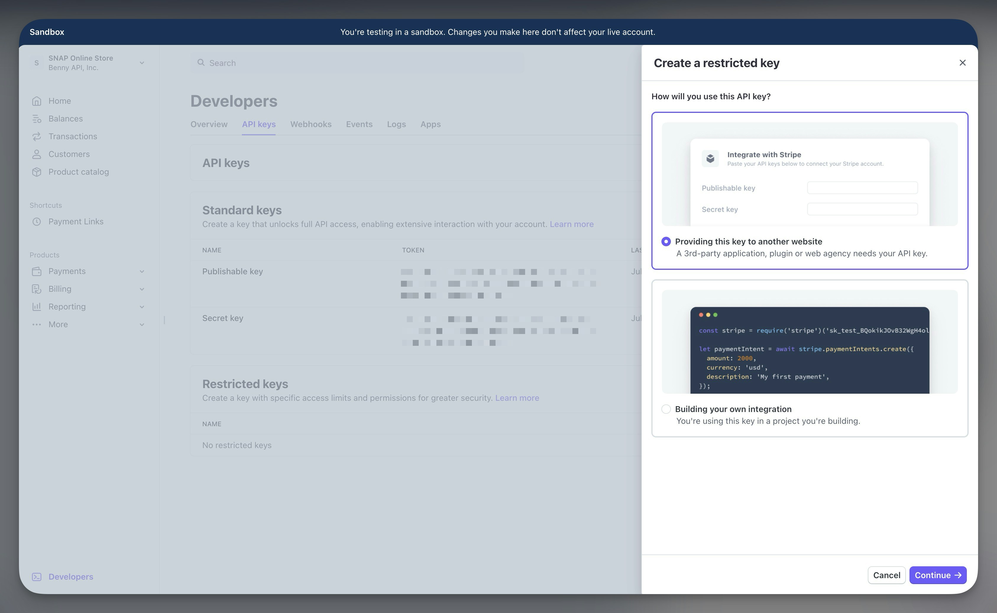 Select option for creating a key for 3rd party website