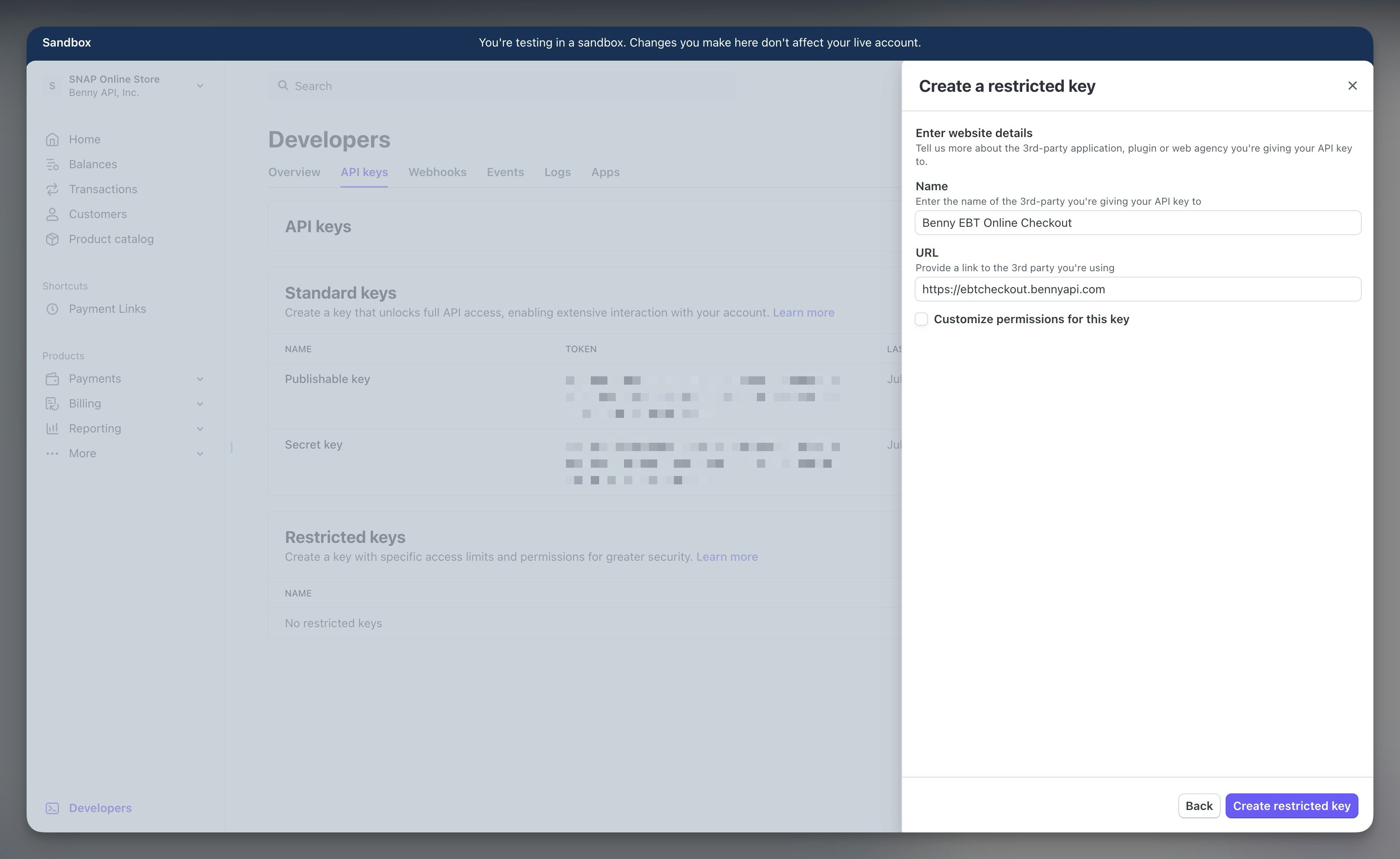 Creating a new Stripe Restricted Key with the default key options