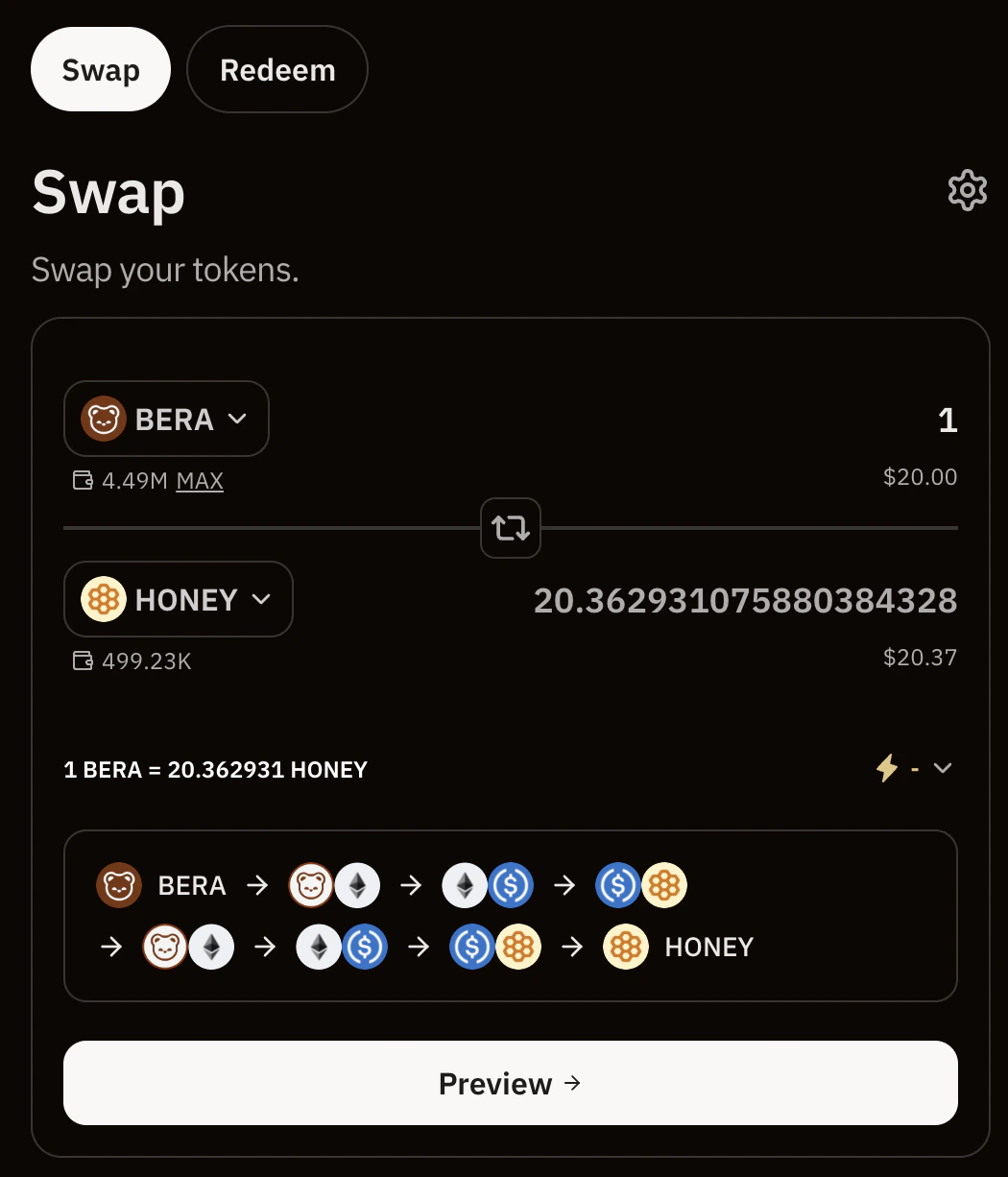 BEX swap modal showing the selected token pair and swap route
