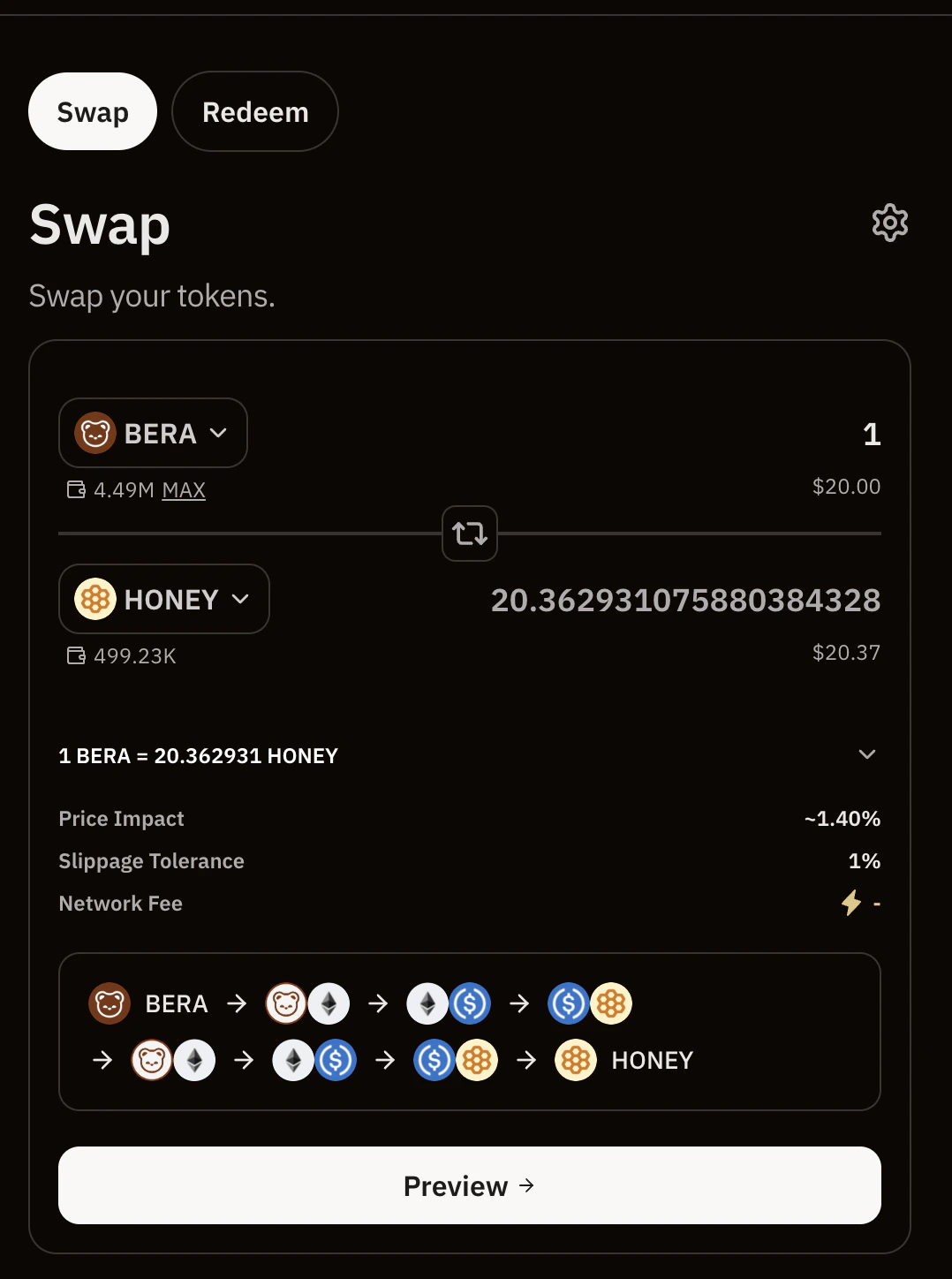 BEX swap slippage settings panel for configuring maximum slippage tolerance