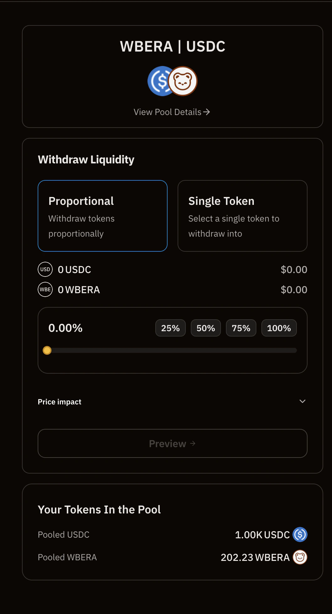 BEX withdraw liquidity interface for removing tokens from a pool
