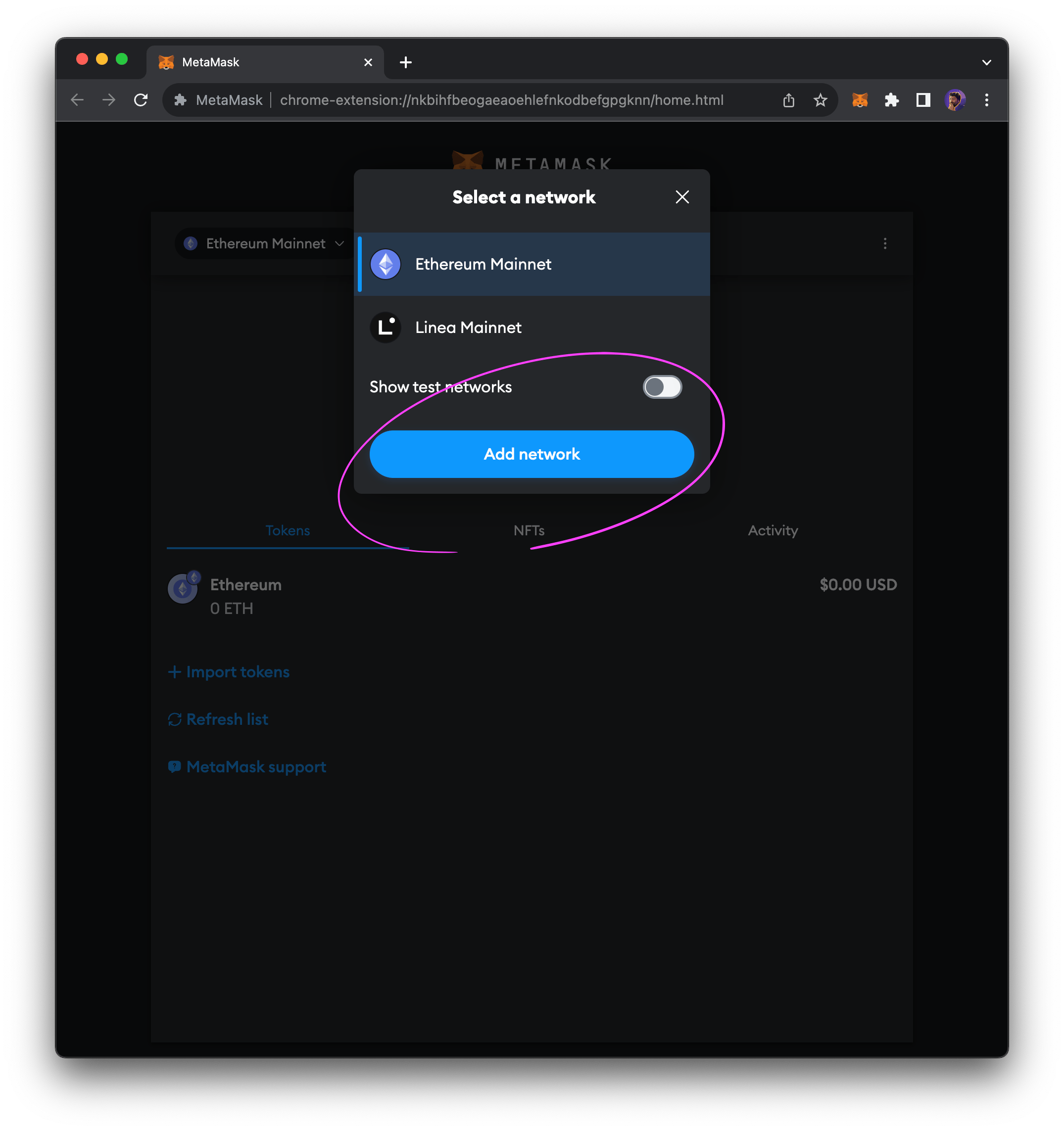 MetaMask add network button in modal
