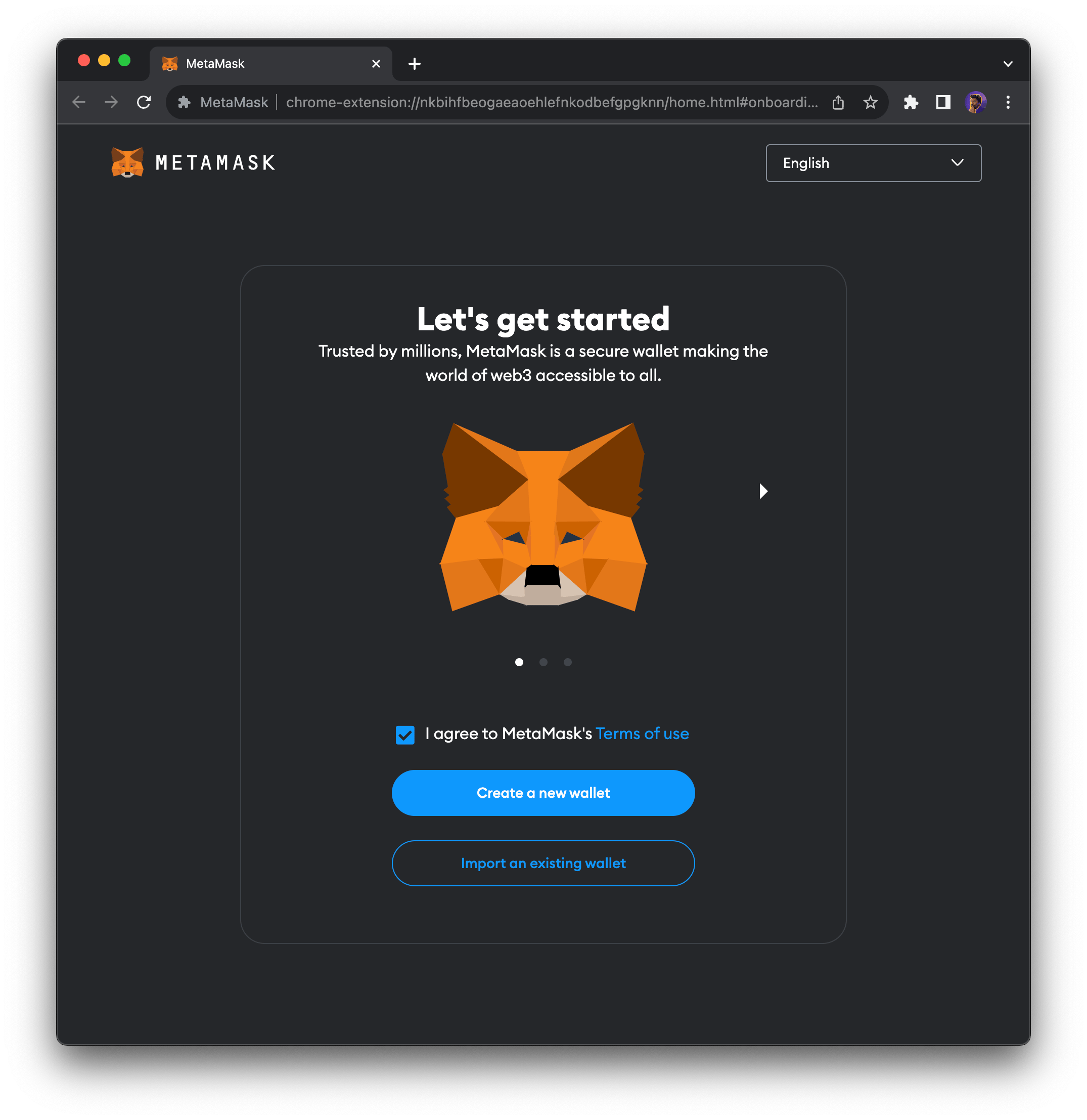 MetaMask get started screen with create wallet option