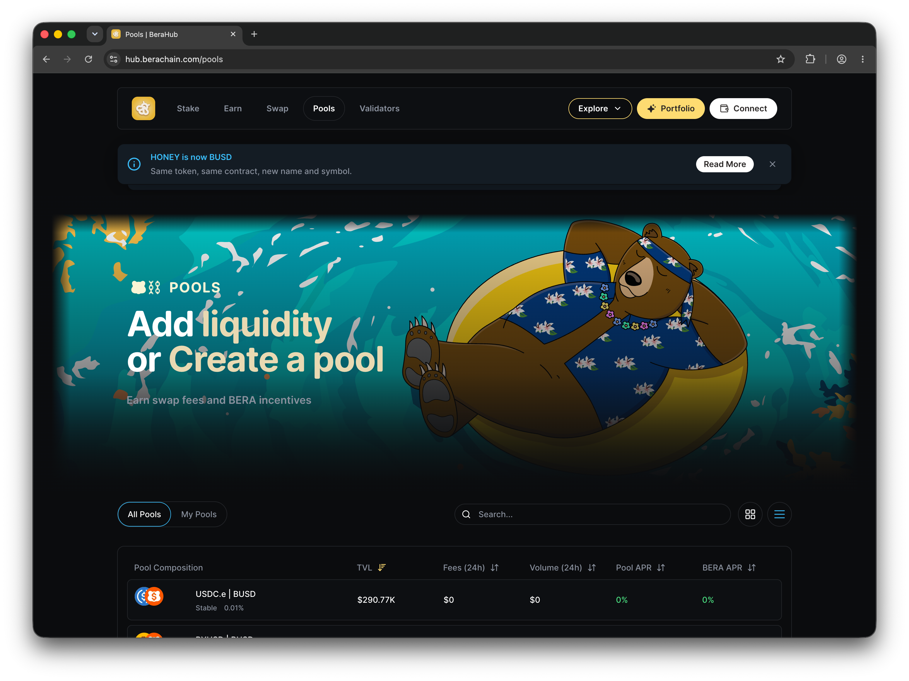 BEX pools page showing available liquidity pools