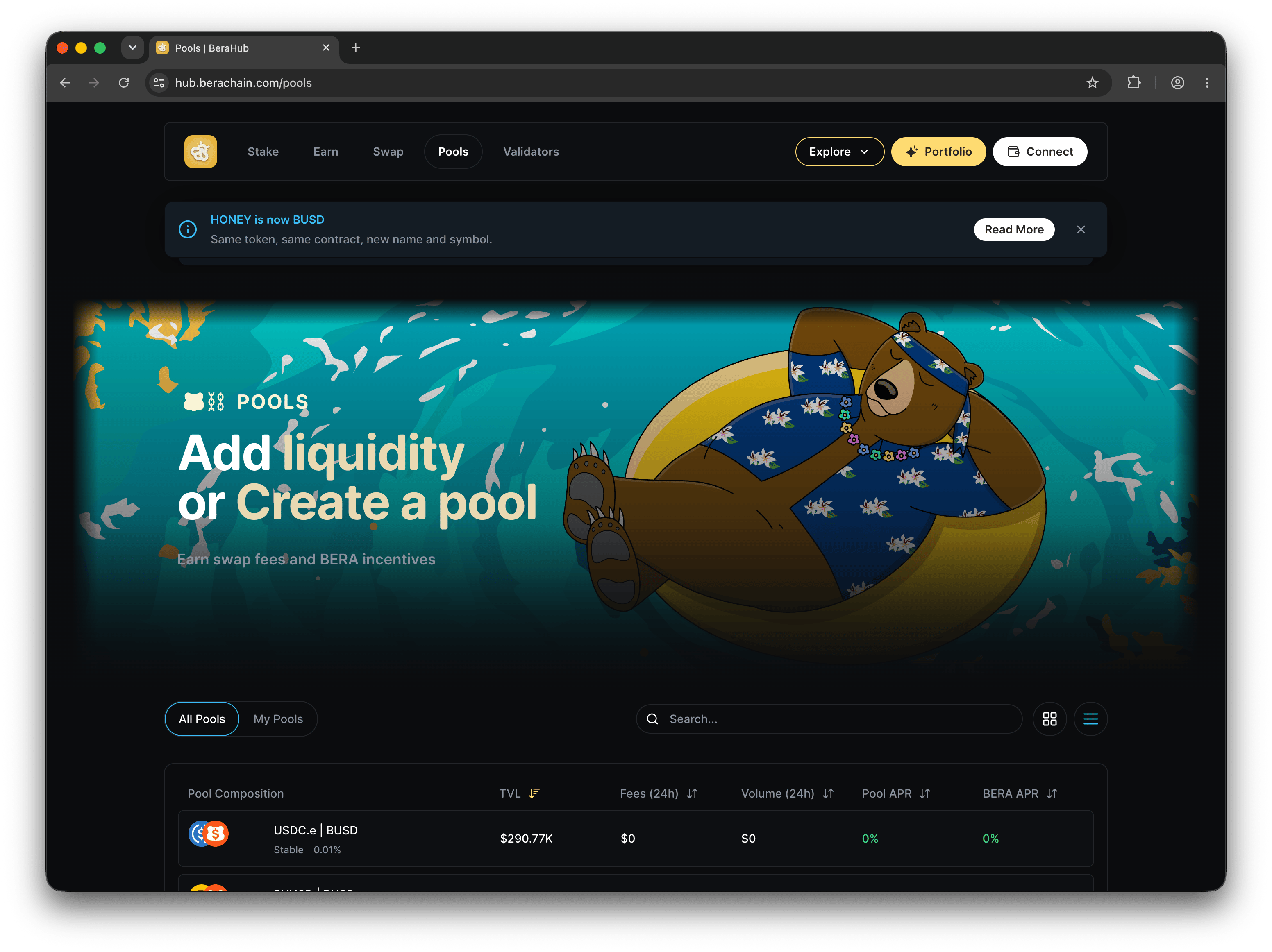 BEX pools page showing available liquidity pools
