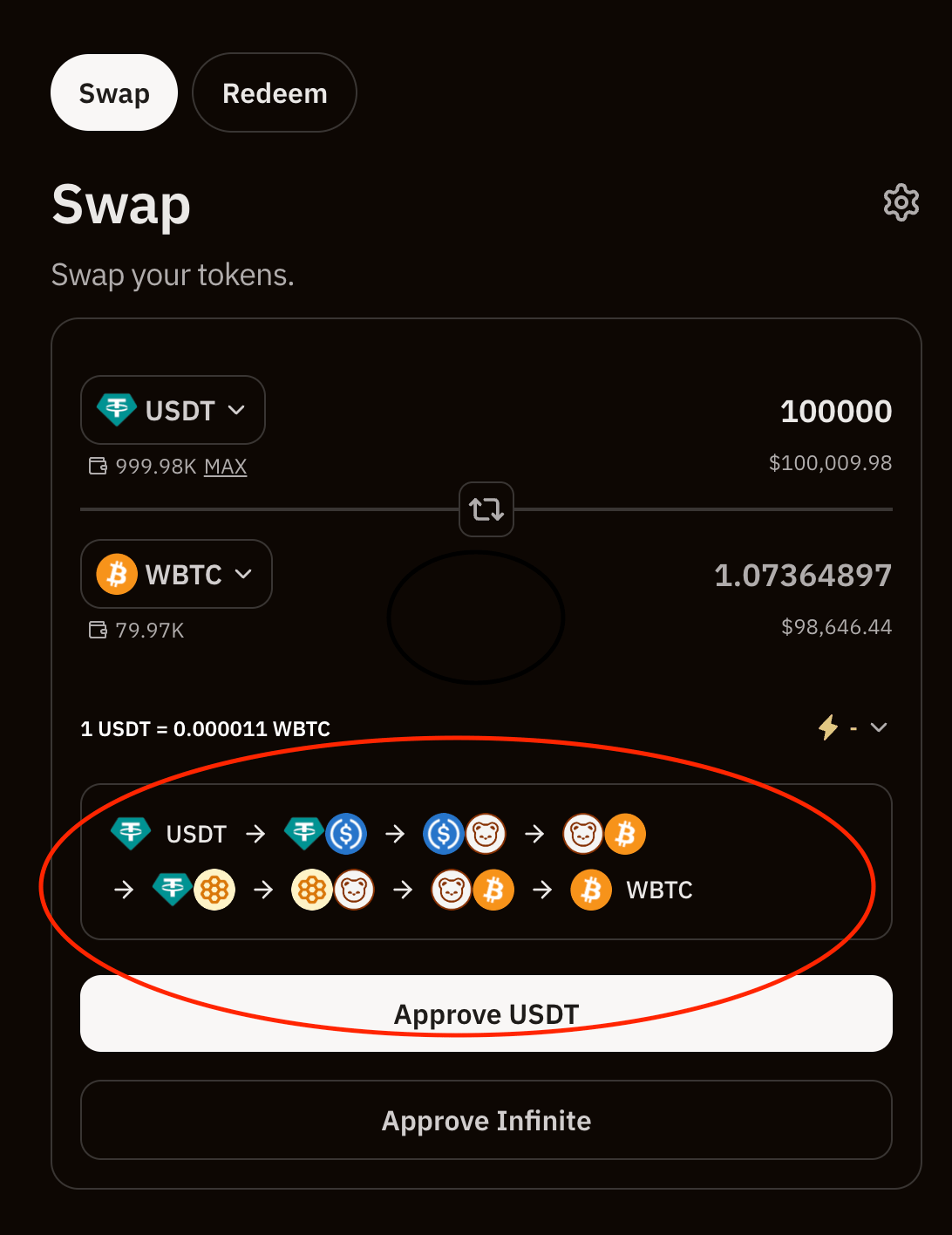 BEX swap modal showing a multi-hop route with intermediate tokens